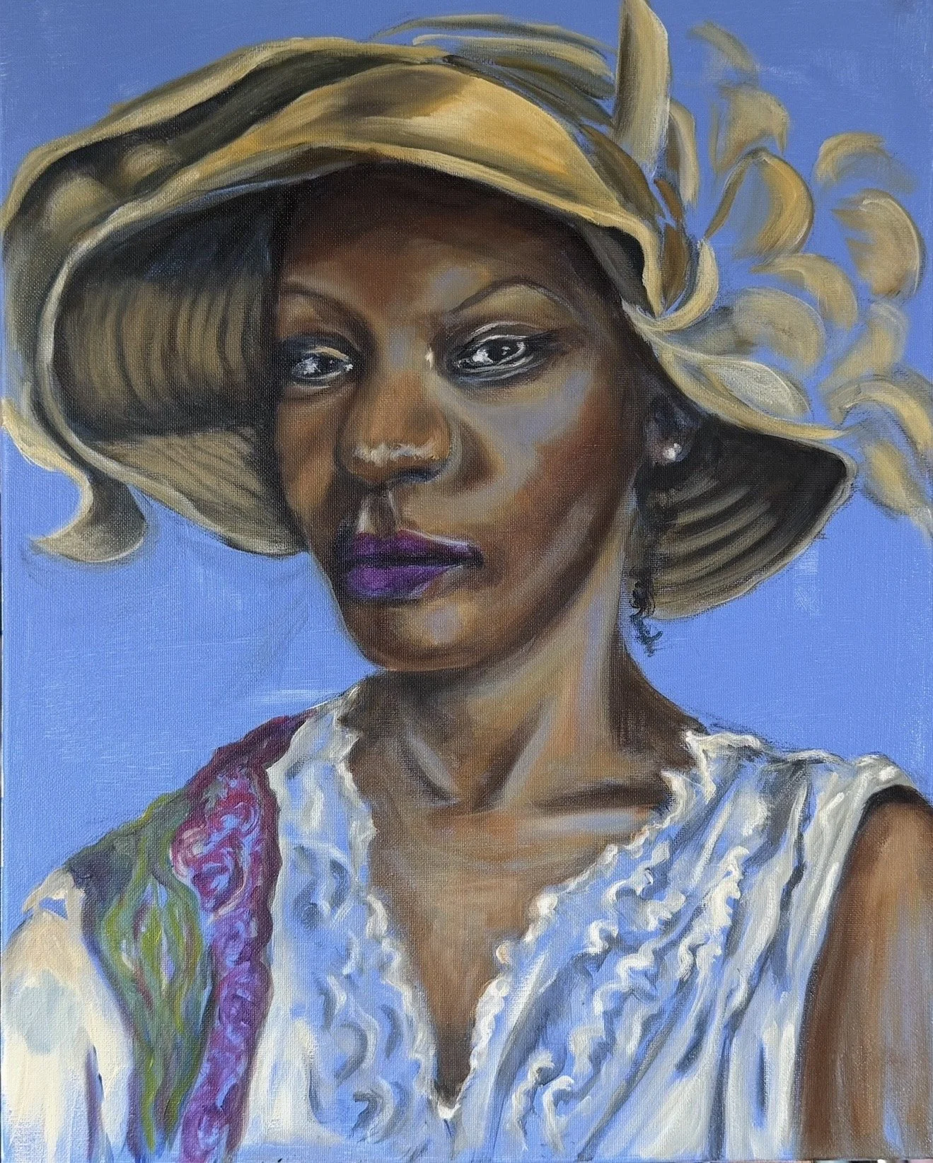 A portrait painting of a woman with dark skin, wearing a large, beige hat with wide ribbons and a white blouse with ruffles, against a blue background.