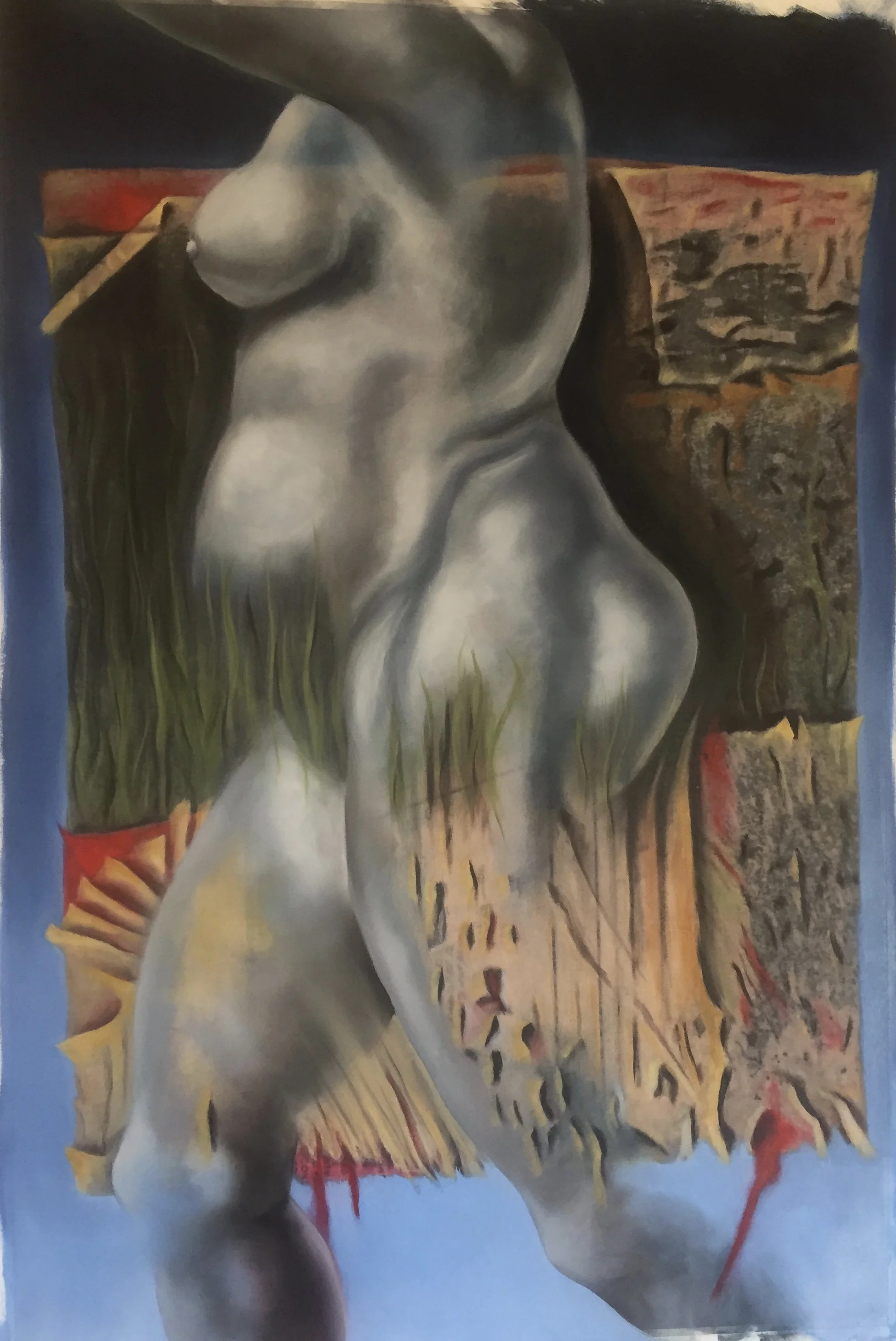 Close-up of a partially nude human torso, arms raised, set against an abstract background with earth tones and blue sky, in an impressionistic style.