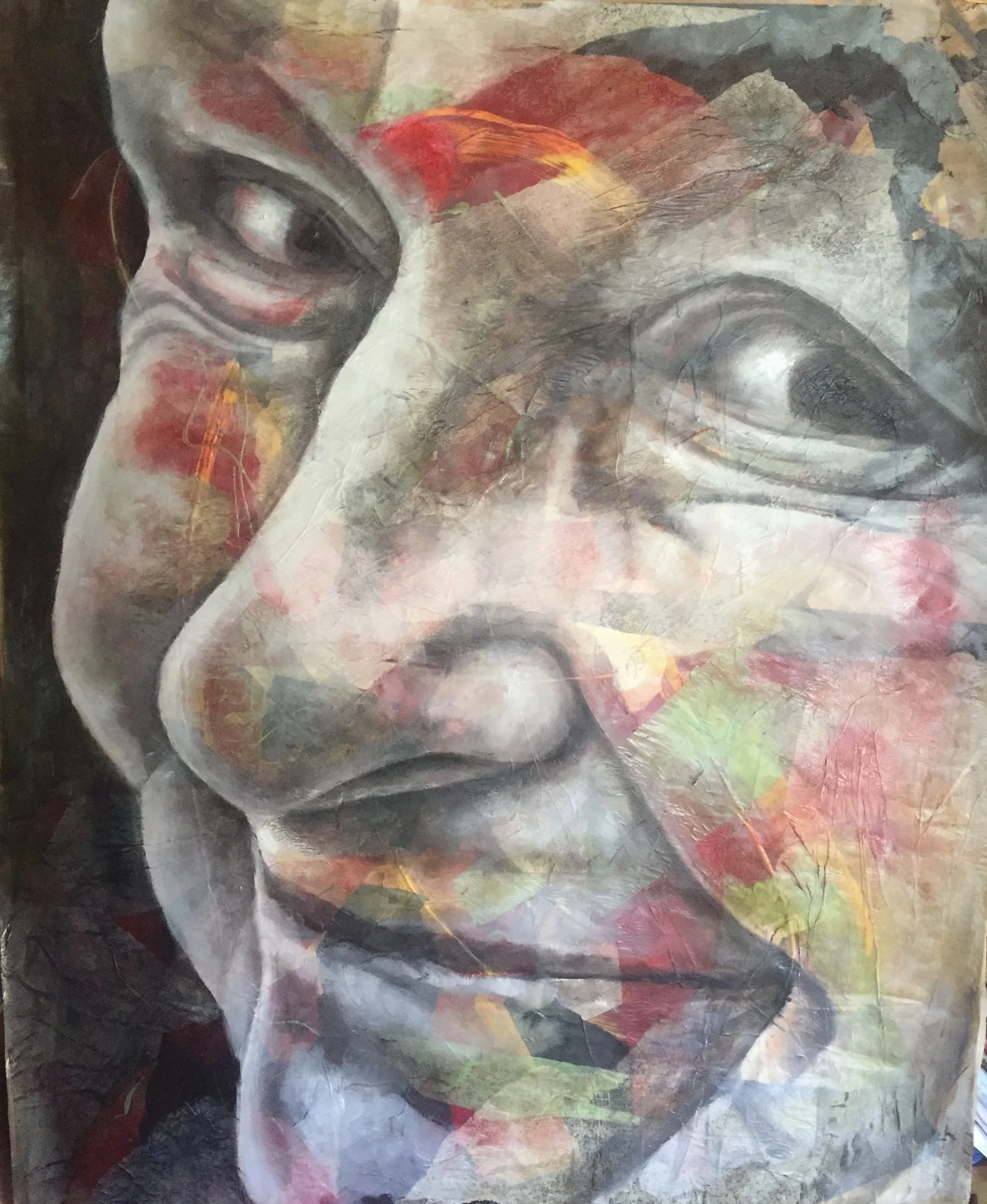 Abstract painting of a face with closed eyes, made with bold brushstrokes in shades of black, gray, white, red, yellow, and green.