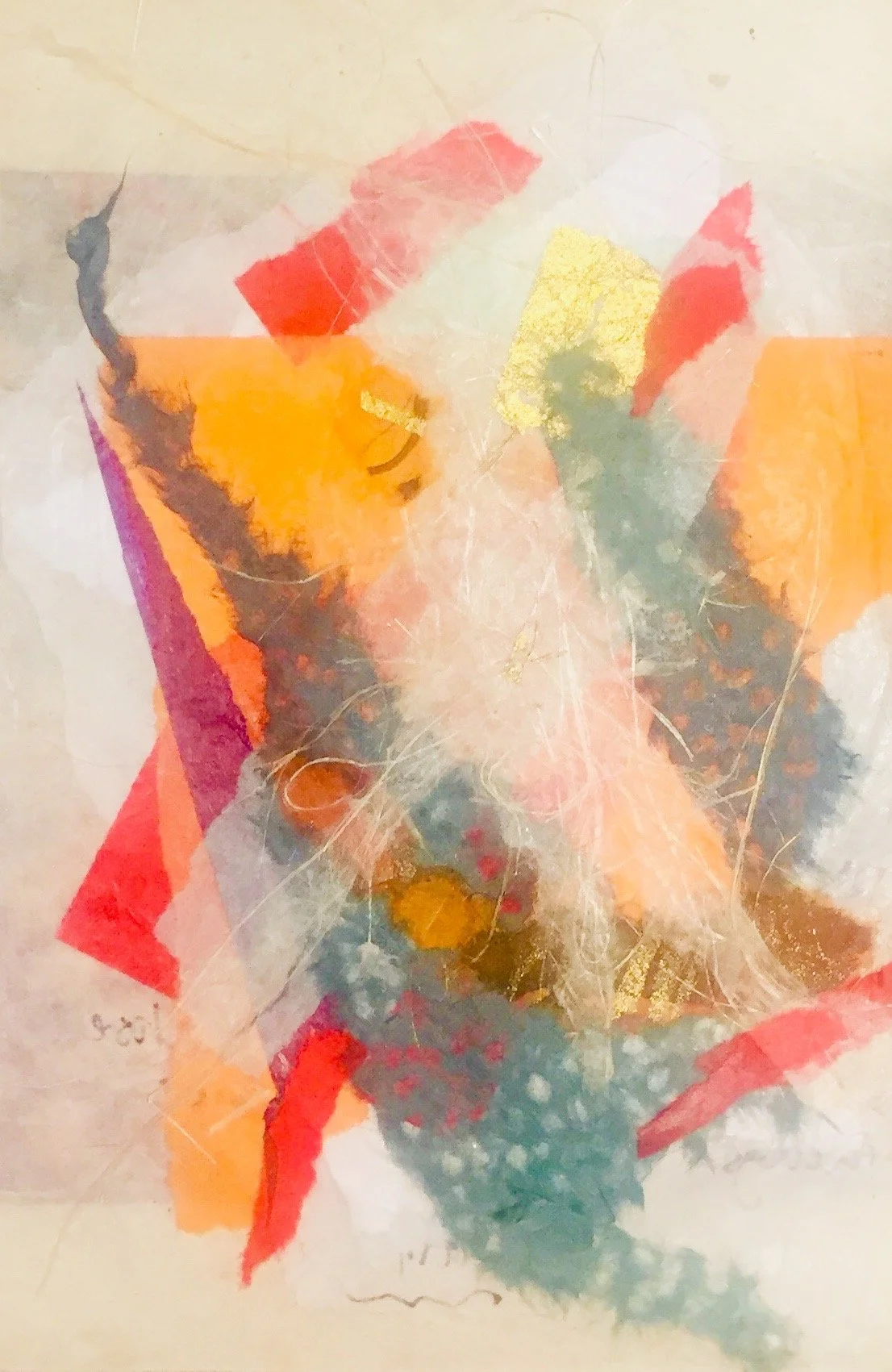 Abstract watercolor artwork featuring warm colors like red, orange, and yellow with some cooler blue-green accents and gold leaf details.