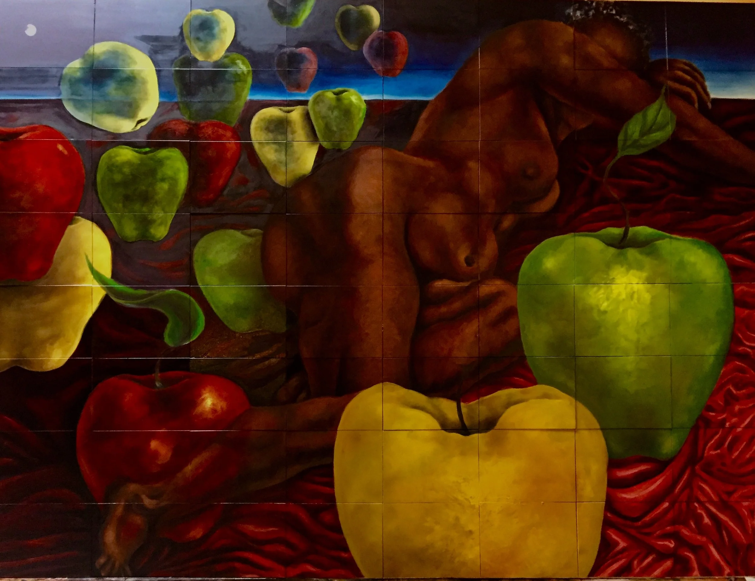 A painting featuring assorted apples and pears, with some red, green, and yellow, and a single bunch of red grapes on a draped cloth, against a dark background.
