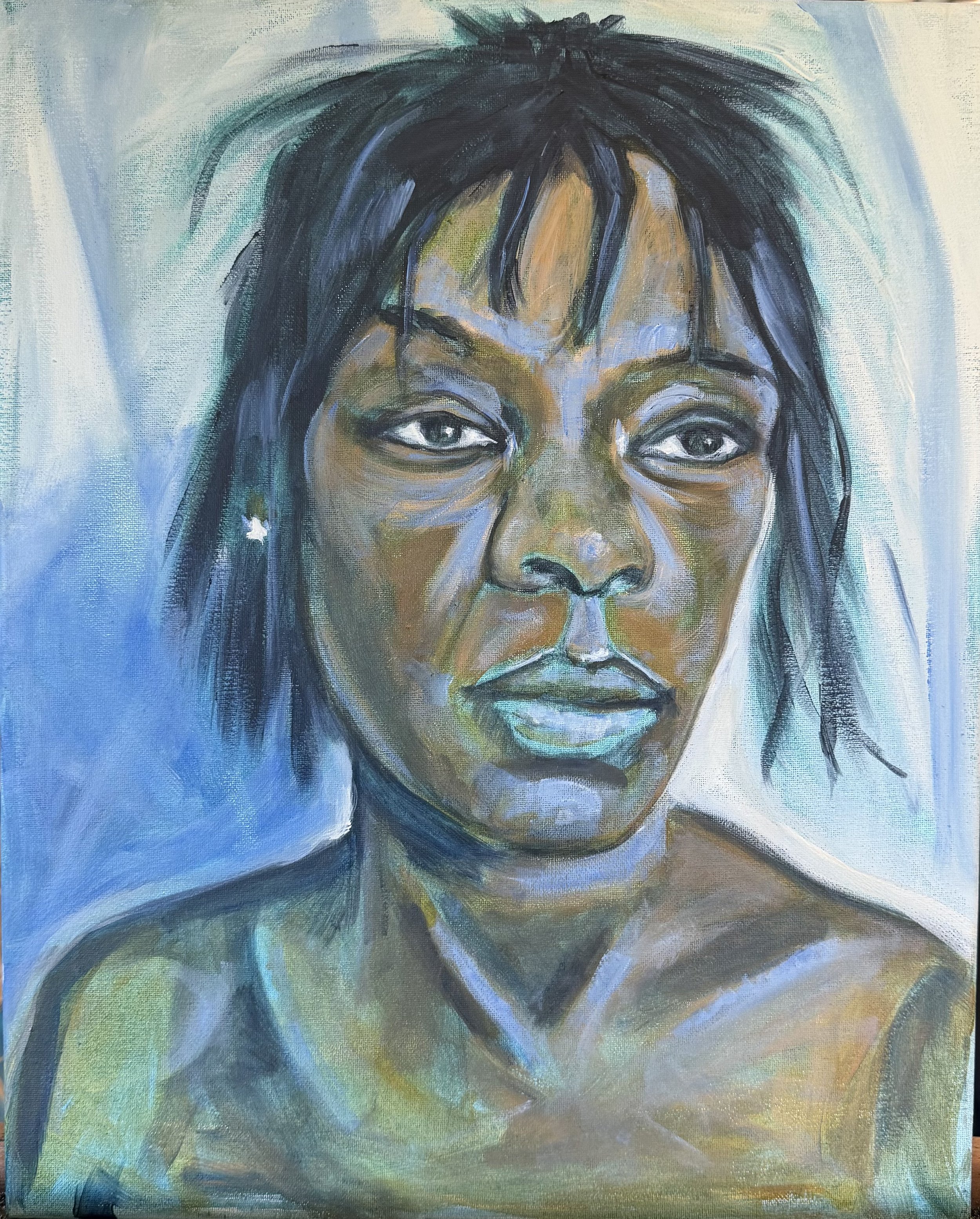 An abstract portrait of a woman with long hair, featuring prominent eyes and a serious expression, painted in shades of blue, green, and earthy tones.