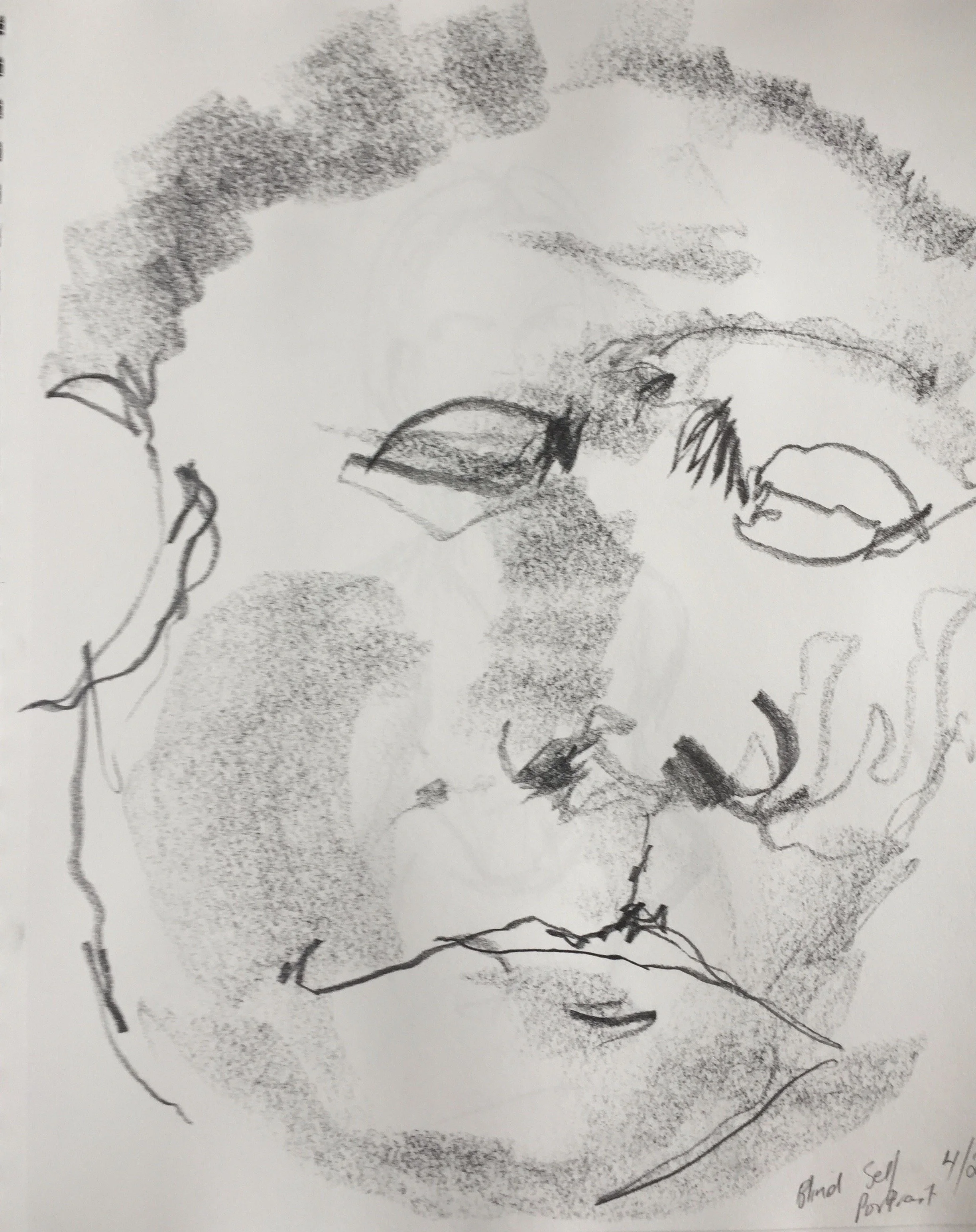 A pencil sketch of a person's face, focusing on the eyes, nose, and mouth. The sketch is detailed with shading, and the person appears to have their eyes closed or looking down. There is handwriting at the bottom right of the paper.