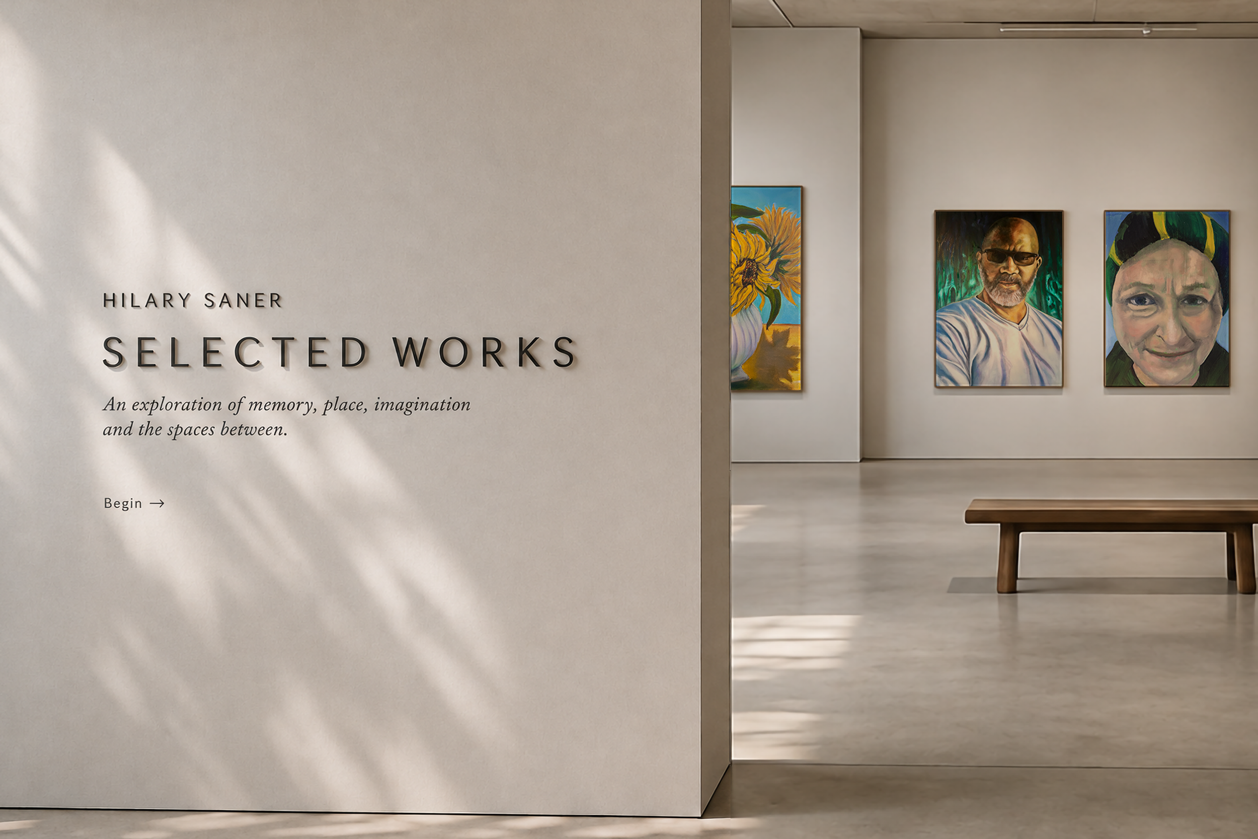 Museum entrance sign for Hilary Saner's "Selected Works" exhibition, with paintings of flowers and portraits visible in the background.