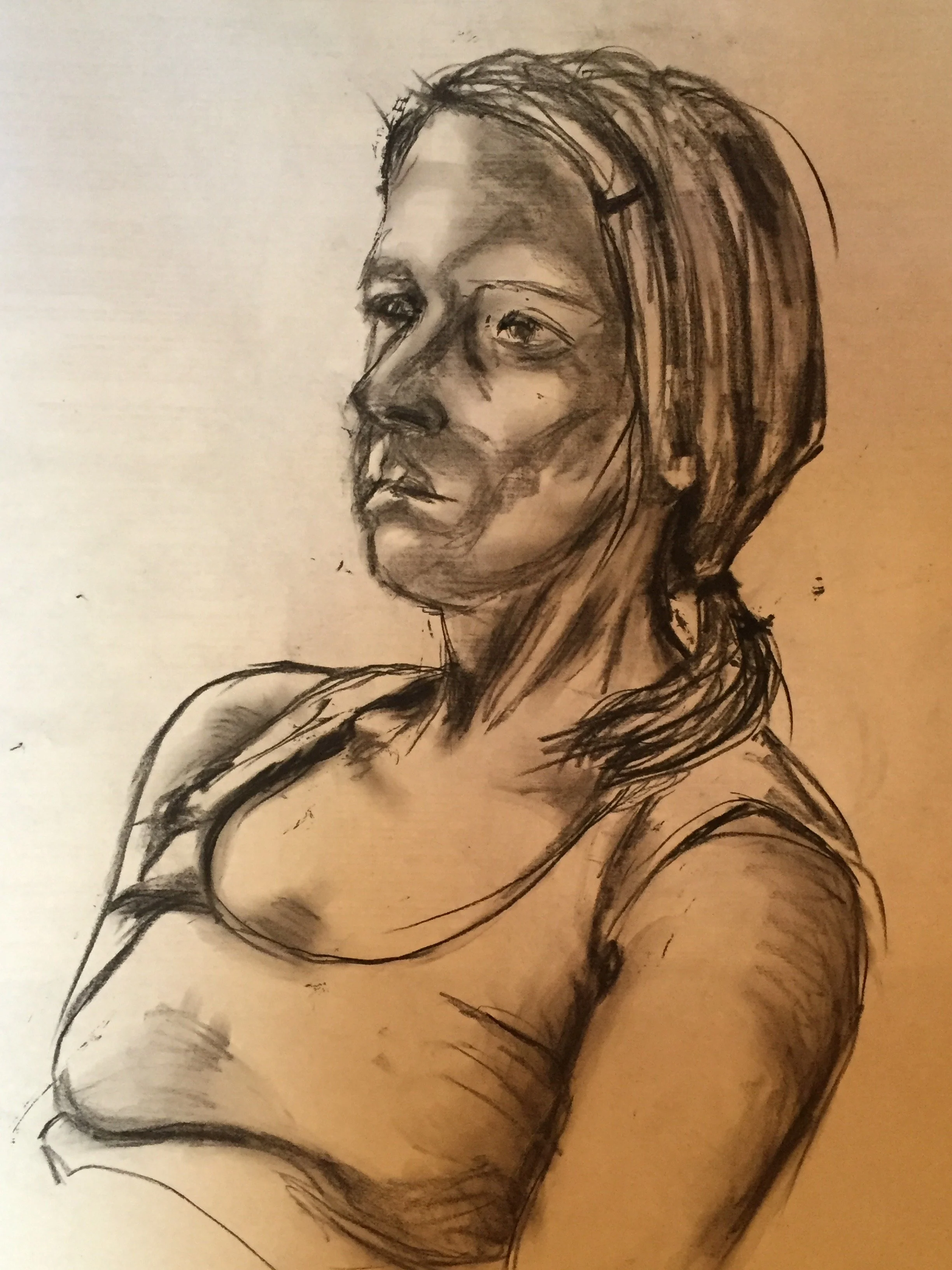 A black and white sketch of a woman with shoulder-length hair, looking to her right with a contemplative expression.