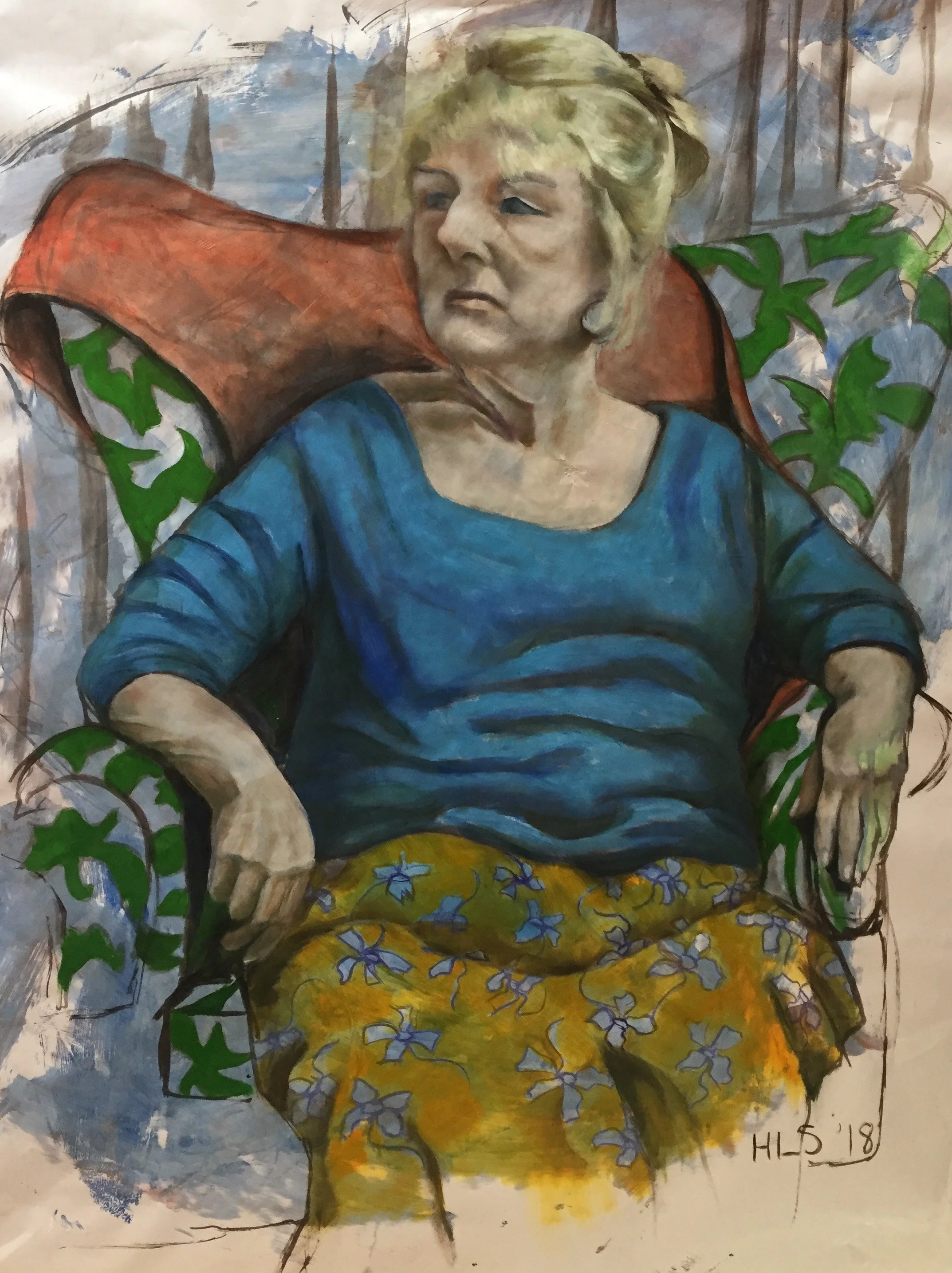 A watercolor painting of a woman with blond hair, wearing a blue top and yellow skirt with floral pattern, sitting on a chair with a green leafy pattern behind her. The artist's signature and date are in the lower right corner.