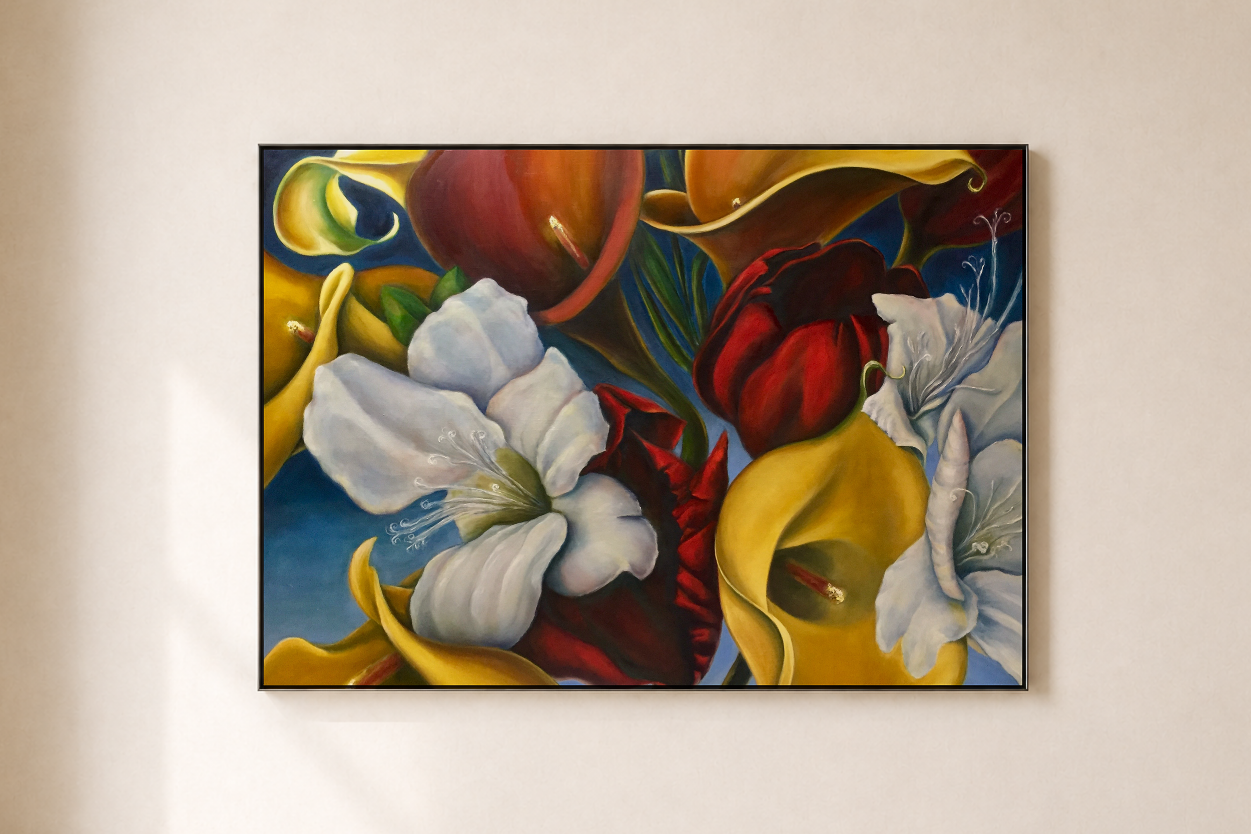 Colorful painting of various flowers, including white lilies, red blossoms, yellow petals, and green leaves, on a dark background.