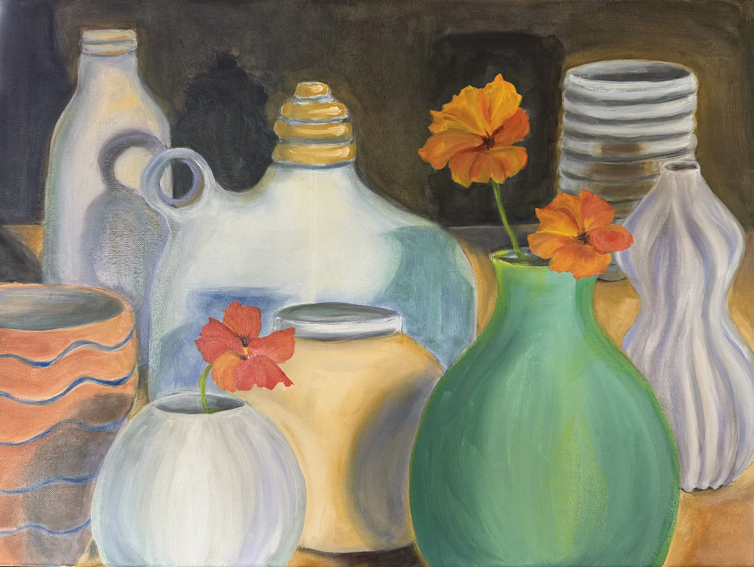 Still life painting of various vases and jars with orange flowers, set against a dark background.