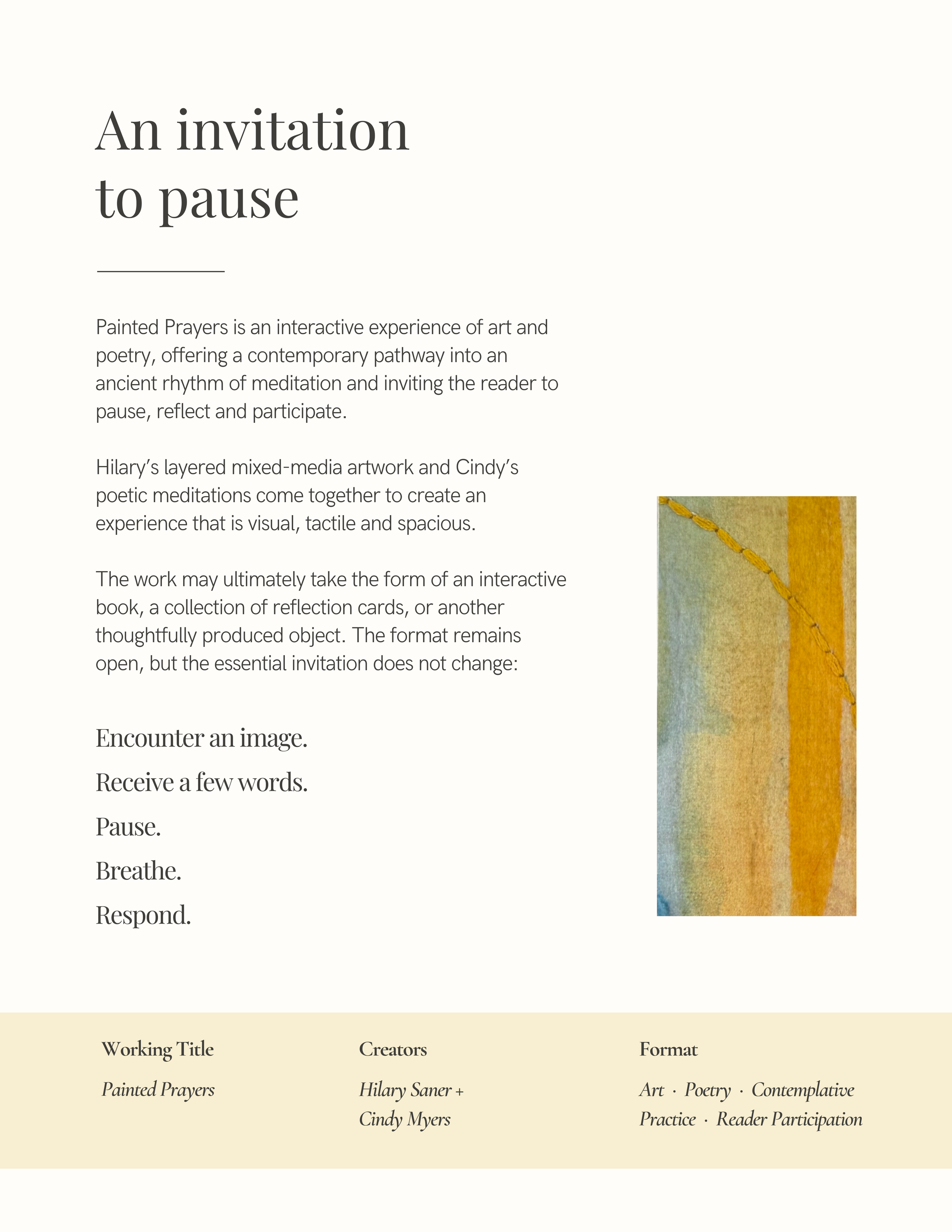 A webpage with a title 'An invitation to pause' and text describing Painted Prayers as an interactive art and poetry experience. The webpage includes a small, partially visible colorful artwork to the right and a beige footer with labels for Working 