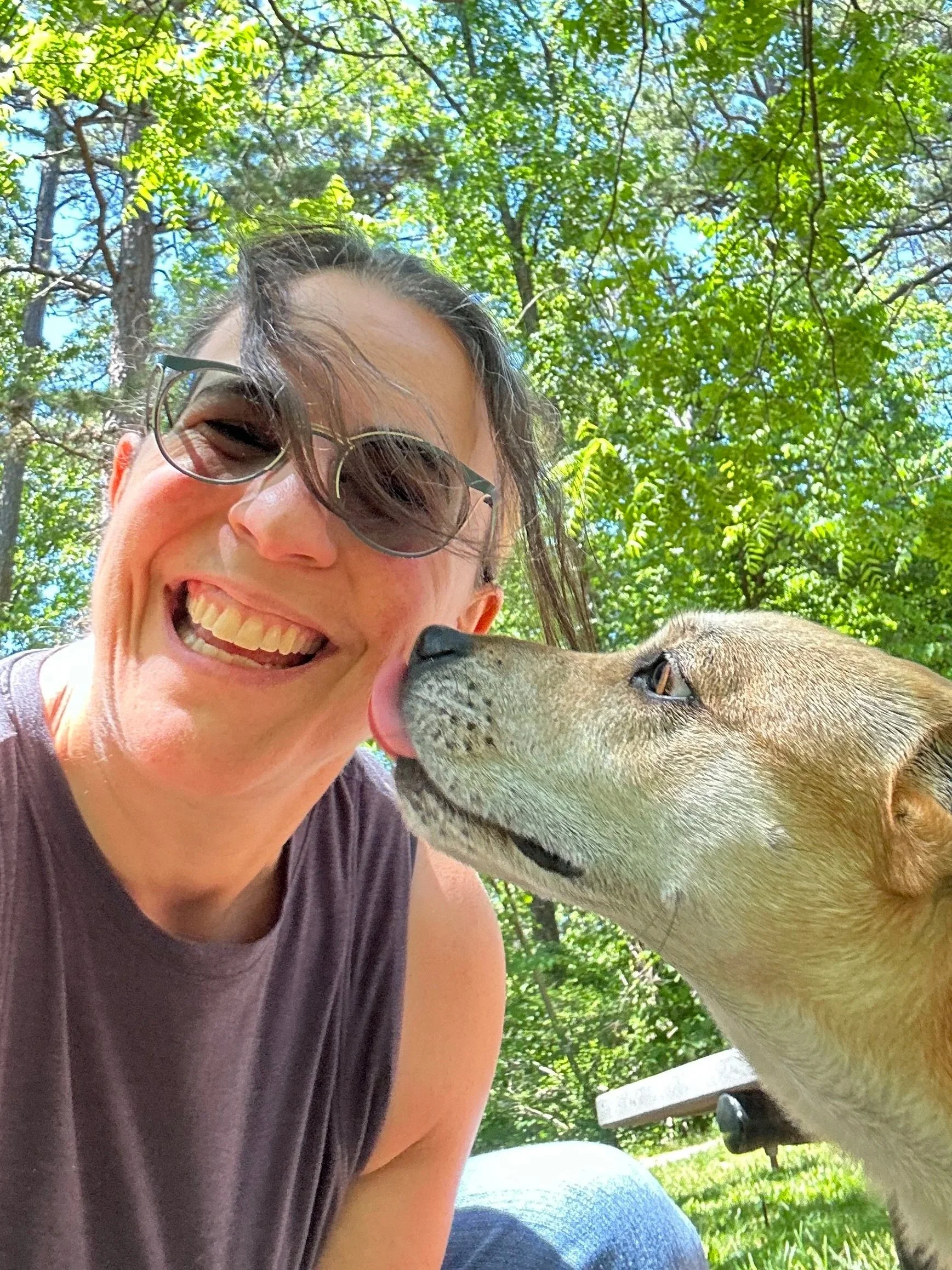 A dog walker with brown hair and tinted glasses grins while a sweet dog licks her face.