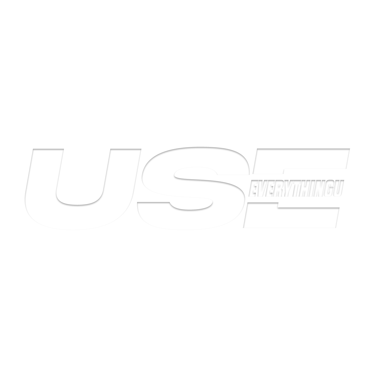 Blurred black and white graphic with large text reading "US" and smaller text "EVERYTHING" on a black background.