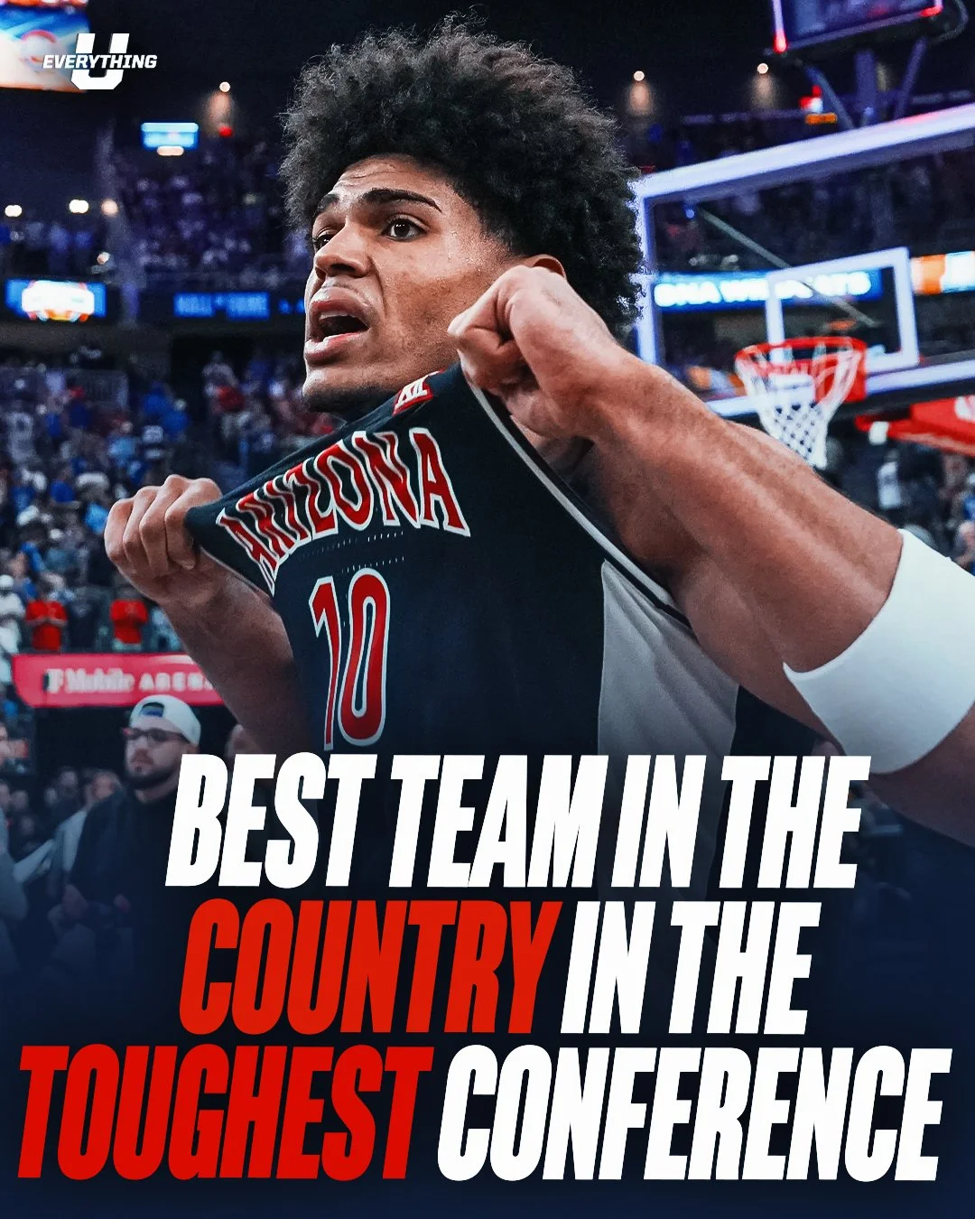 A basketball player wearing a Washington Wizards jersey with the number 10, holding a team shirt near his face in a basketball arena, with the text overlay stating 'Best team in the country in the toughest conference.'