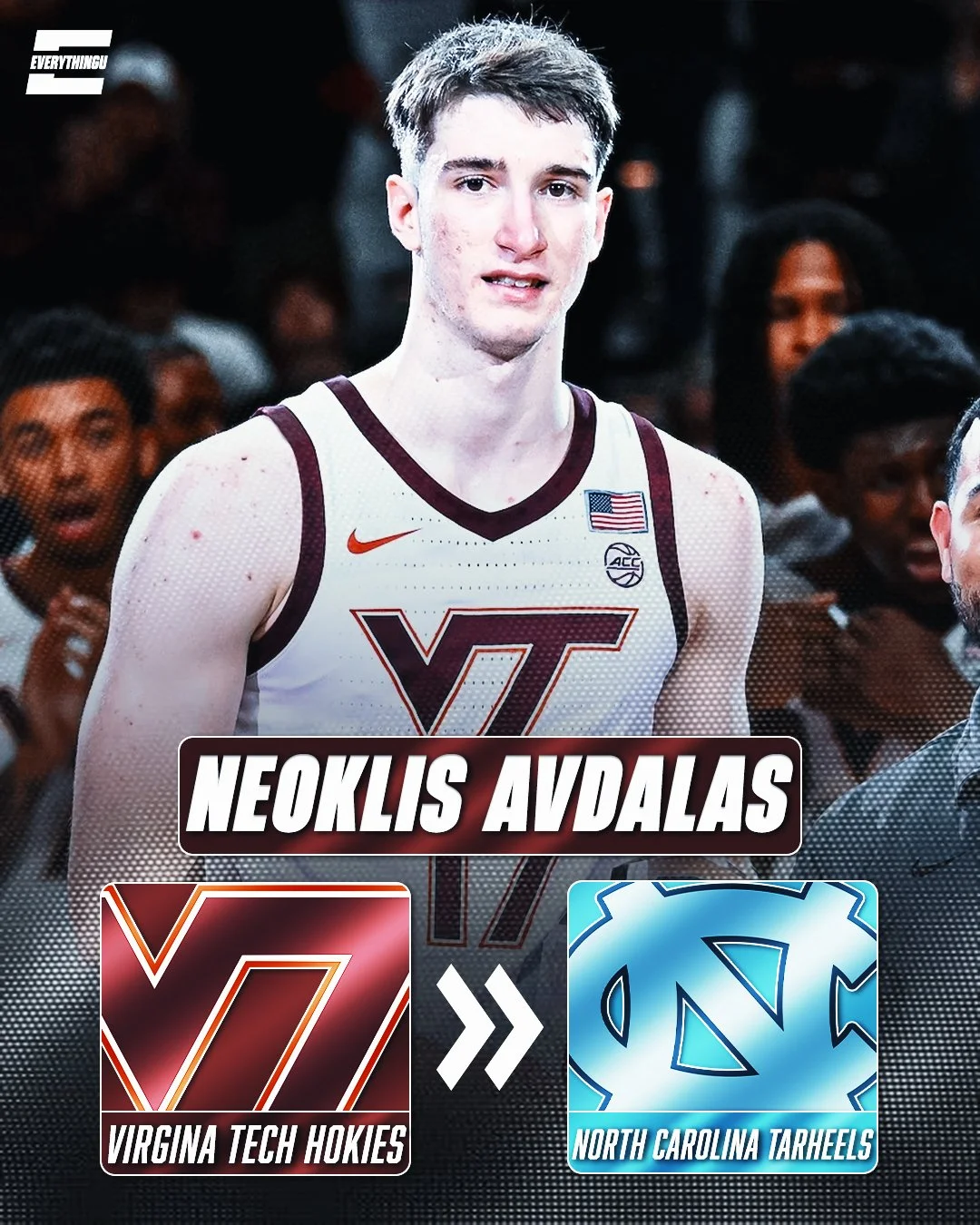 Neoklis Avidalas, a basketball player in Virginia Tech Hokies uniform, standing with a crowd in the background, logo of North Carolina Tar Heels with an arrow between the logos indicating a matchup.