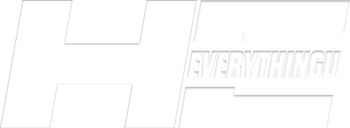 Close-up of a logo with large bold black and white letter 'H' and the words 'EVERYTHING U' in stylized font.