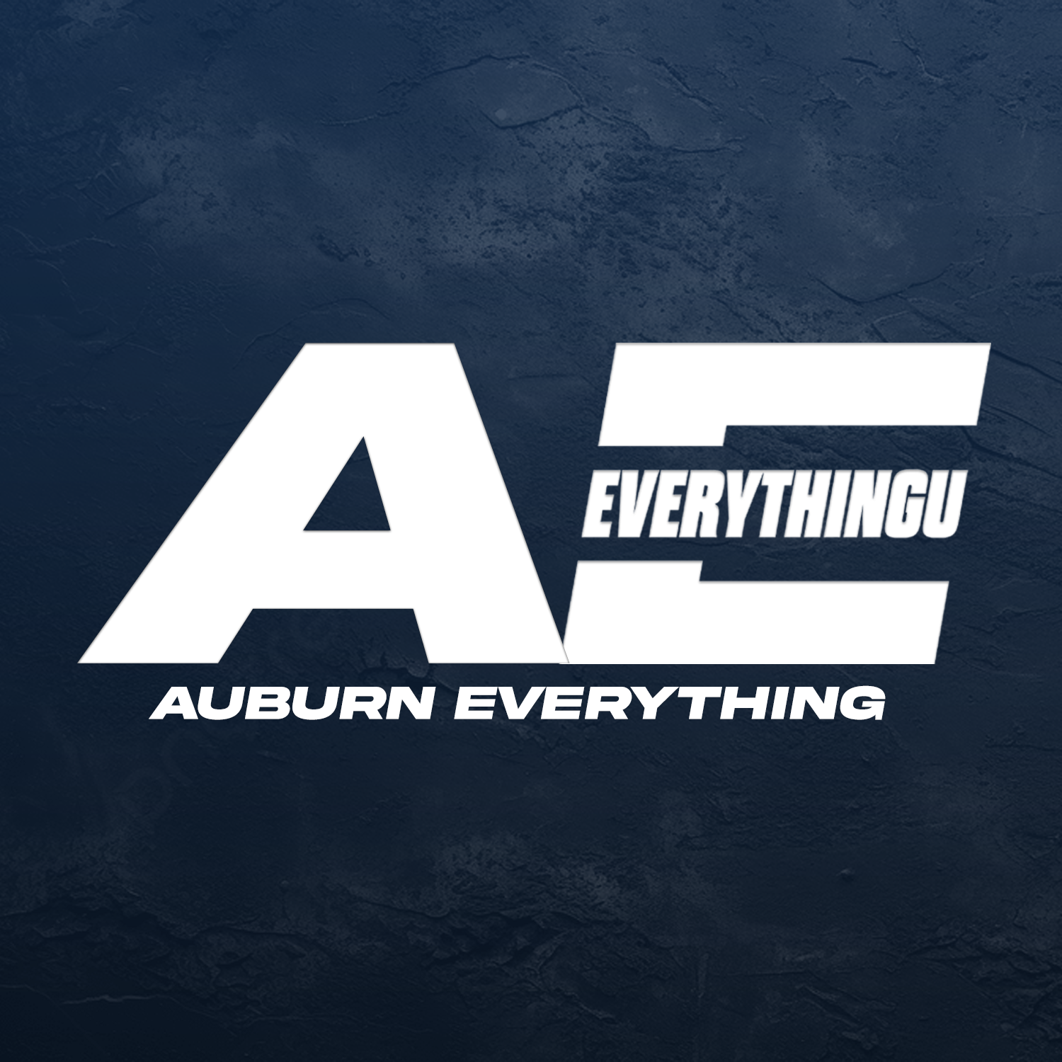 Graphic with large white letters 'A' and 'E' on a dark textured background, with smaller text 'EVERYTHINCU' and 'AUBURN EVERYTHING'.