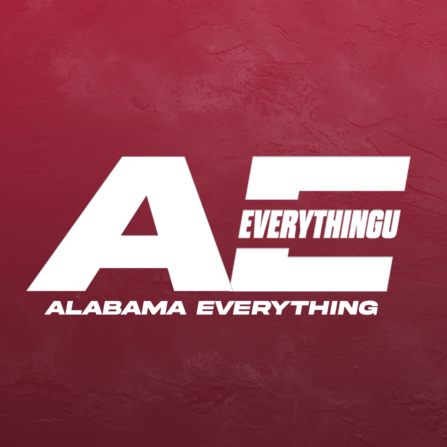 Bold white text says 'AL' with the words 'EVERYTHING' and 'ALABAMA EVERYTHING' underneath, set against a maroon textured background.