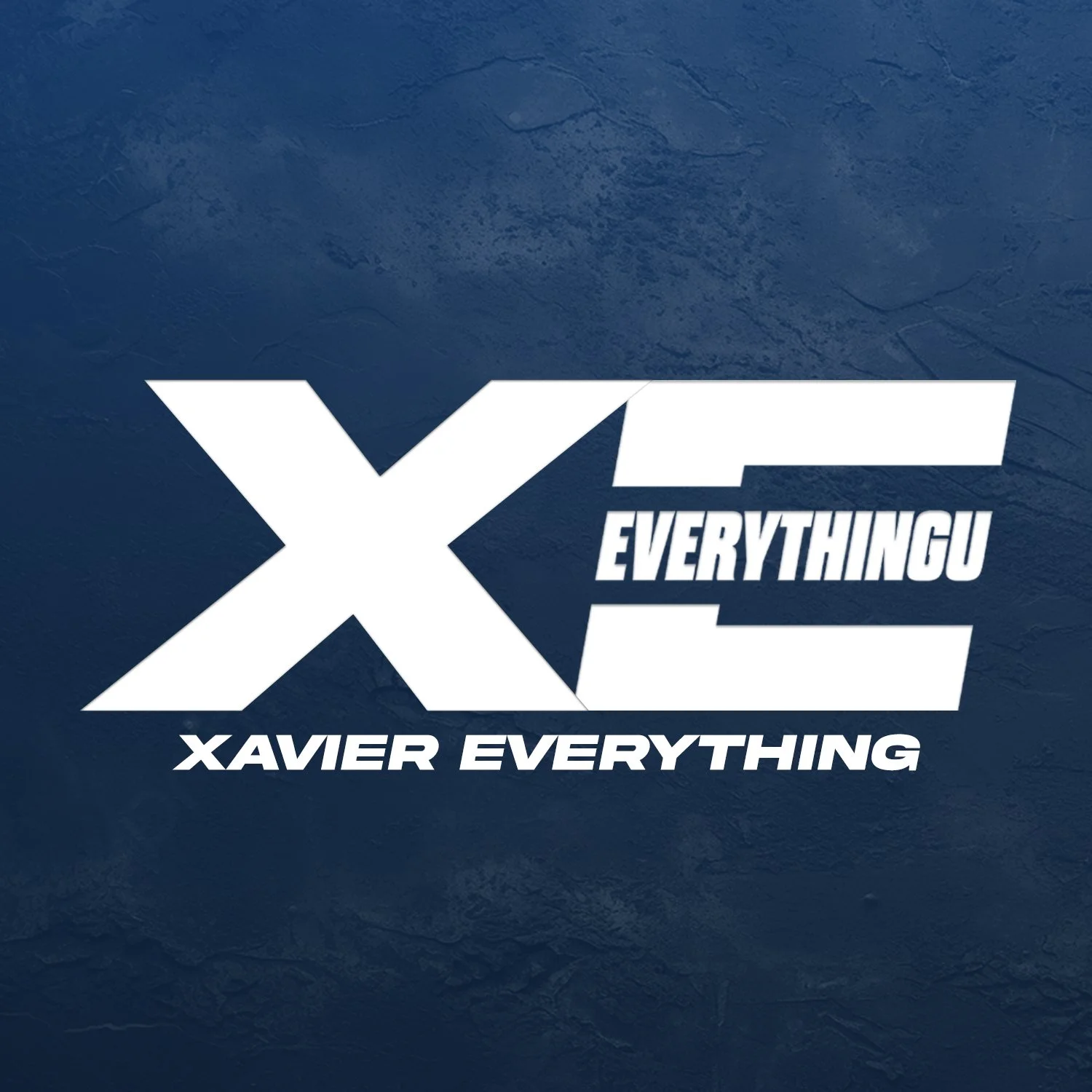 X logo with the text 'EVERYTHINGU' and 'XAVIER EVERYTHING' on a blue textured background.
