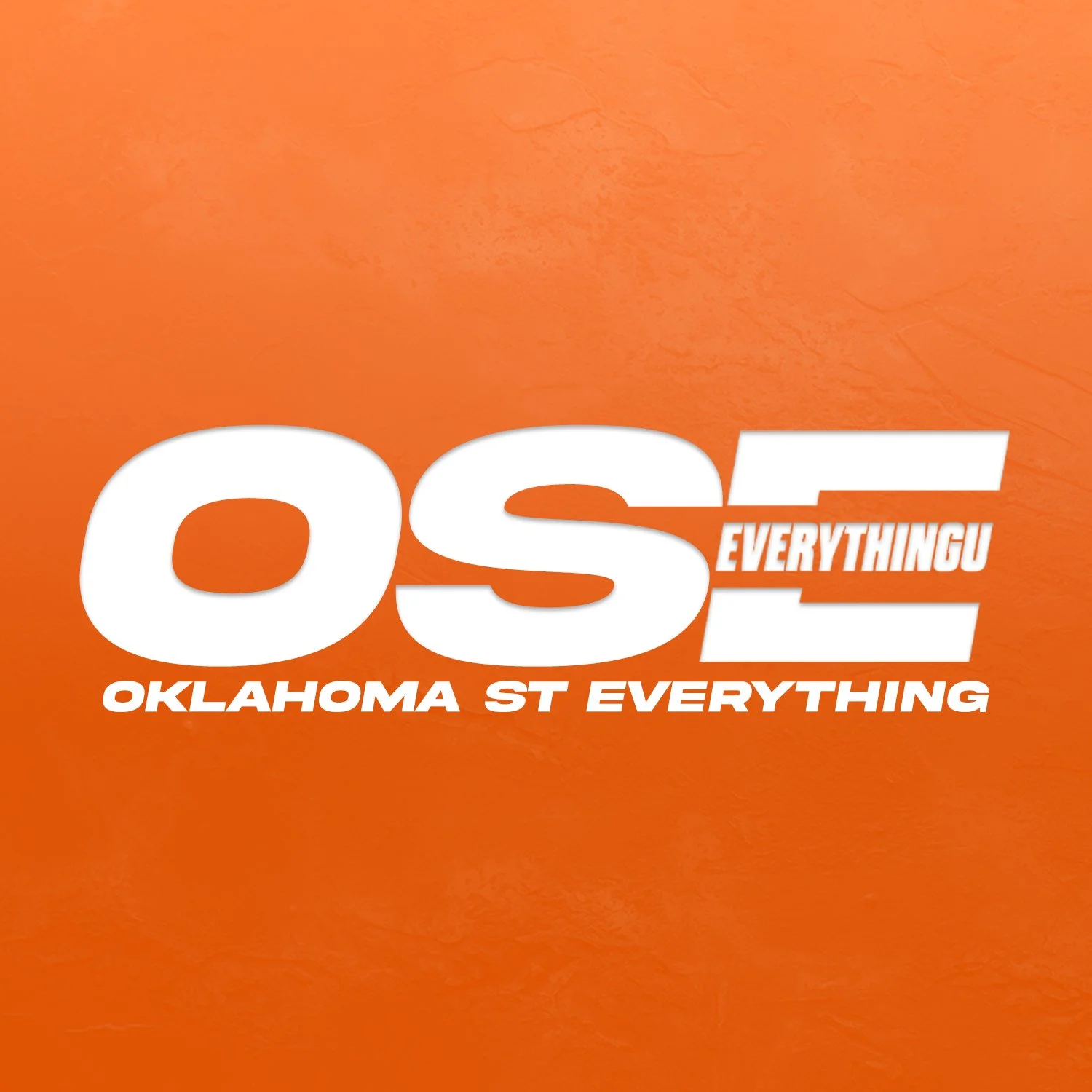 Bold white text reading 'OS' with smaller white text 'EVERYTHING' inside the letter 'E', and a white tagline below that says 'OKLAHOMA ST EVERYTHING' on an orange textured background.