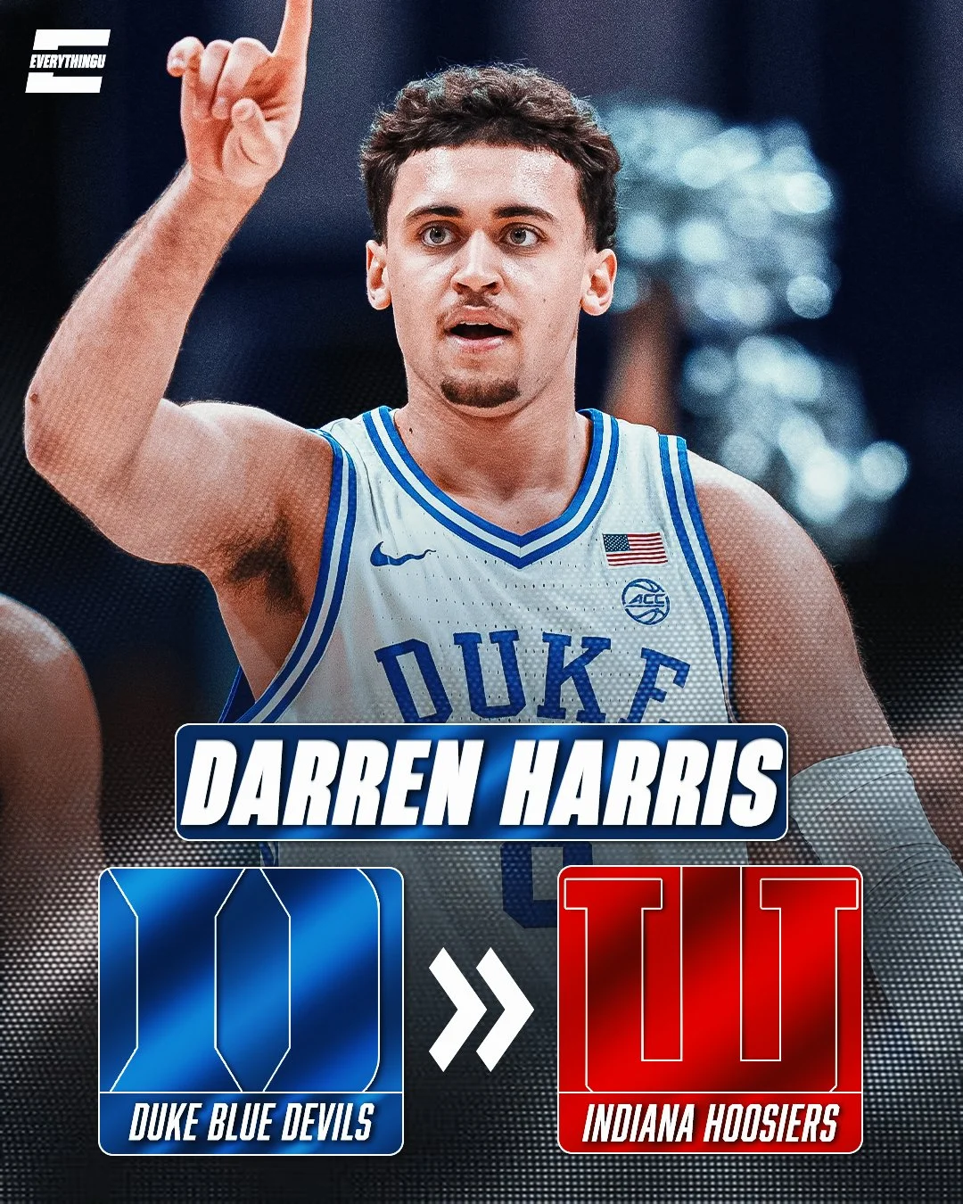 A basketball player in a Duke University jersey pointing upwards during a game. The graphic shows Duke Blue Devils logo on the left and Indiana Hoosiers logo on the right, with an arrow indicating Duke's team loss to Indiana.
