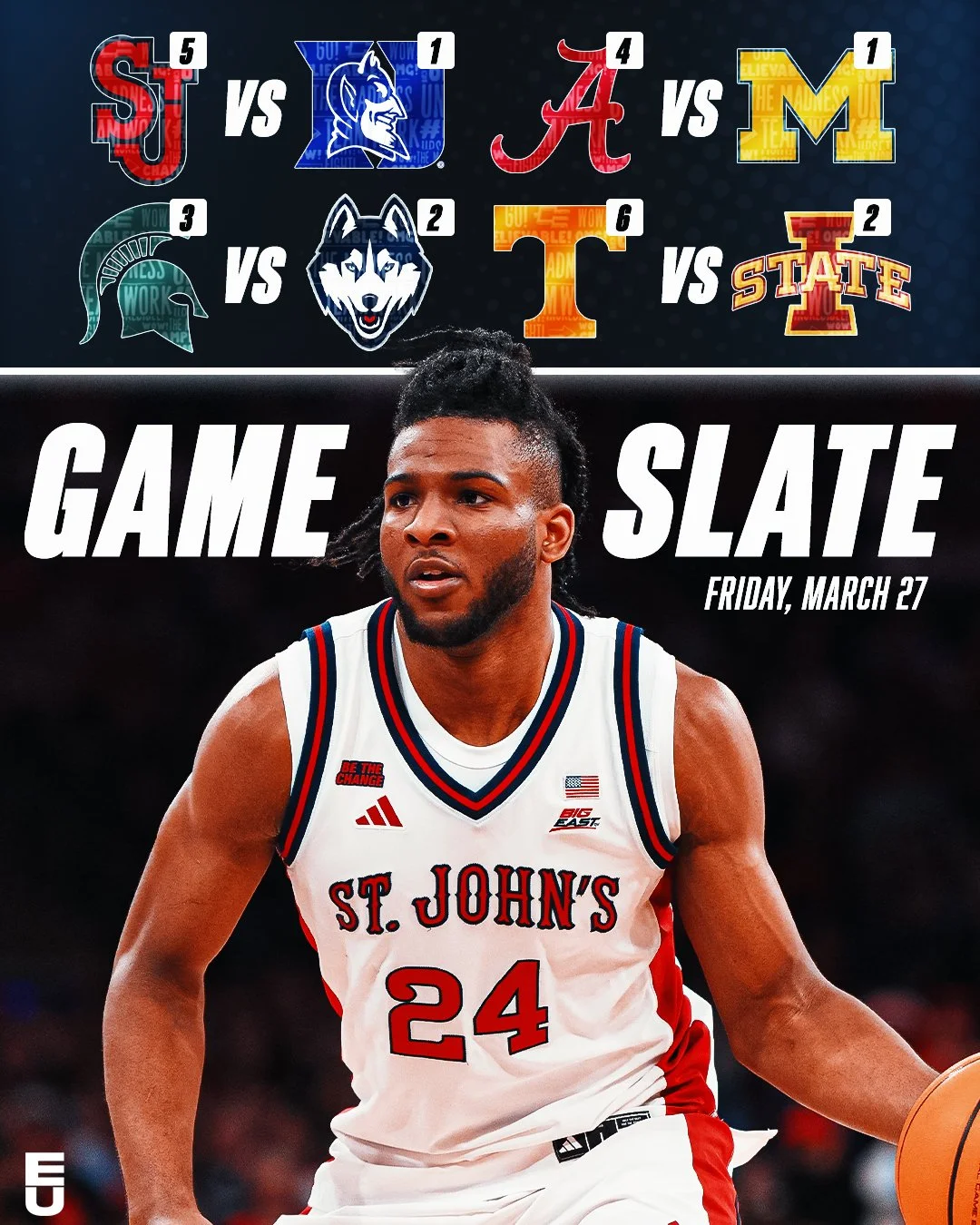 Promotional poster for a basketball game between St. John's and Michigan State, scheduled for Friday, March 27. The poster features a player from St. John's in his team jersey, holding a basketball.