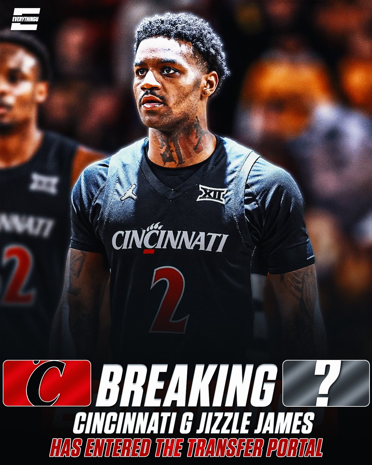 A basketball player in a Cincinnati team uniform with the number 2, standing on the court. The image has a sports news style overlay with the headline "Breaking ?" and the subheading "Cincinnati G Jizzle James has entered the transfer portal." The ba