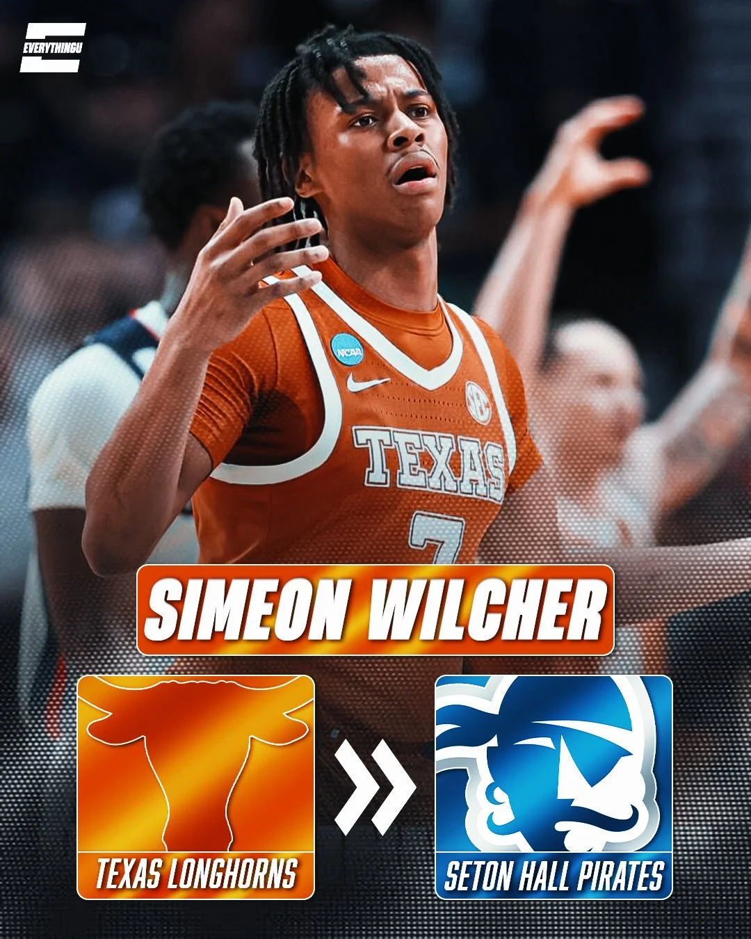 Simeon Wilcher in a Texas Longhorns basketball jersey during a game, with text overlay comparing Texas Longhorns to Seton Hall Pirates