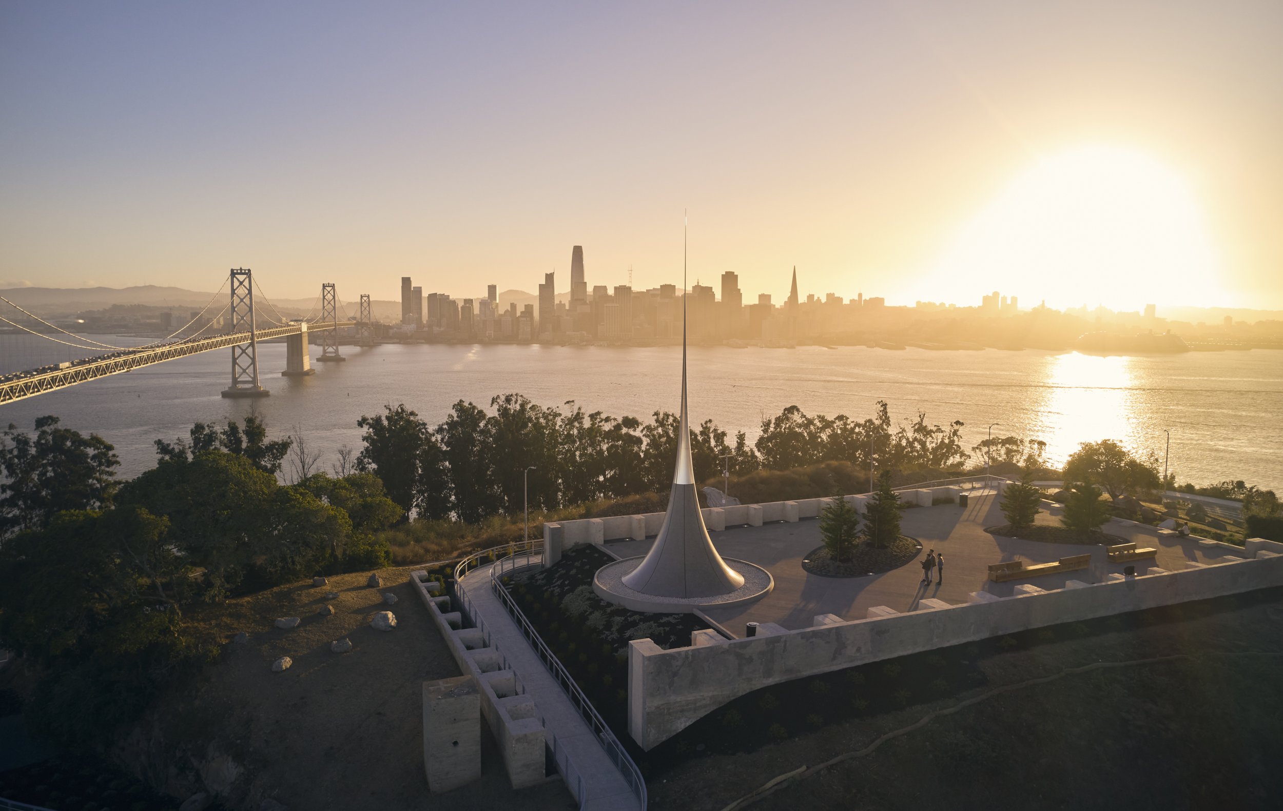 Drone landscape photography of Point of Infinity by Hiroshi Sugimoto at Panorama Park with the San Francisco city skyline in the background.  Shot by commercial lifestyle photographer Kaare Iverson in California's Bay Area for Treasure Island.