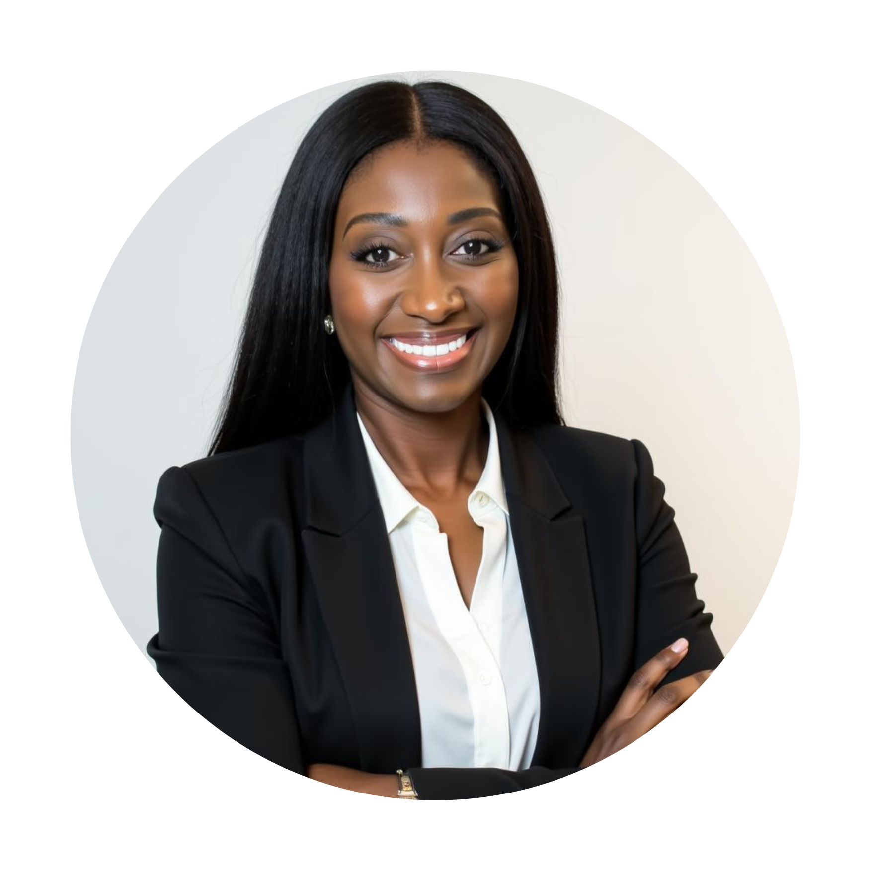 Professional woman in business attire smiling with arms crossed against a neutral background.