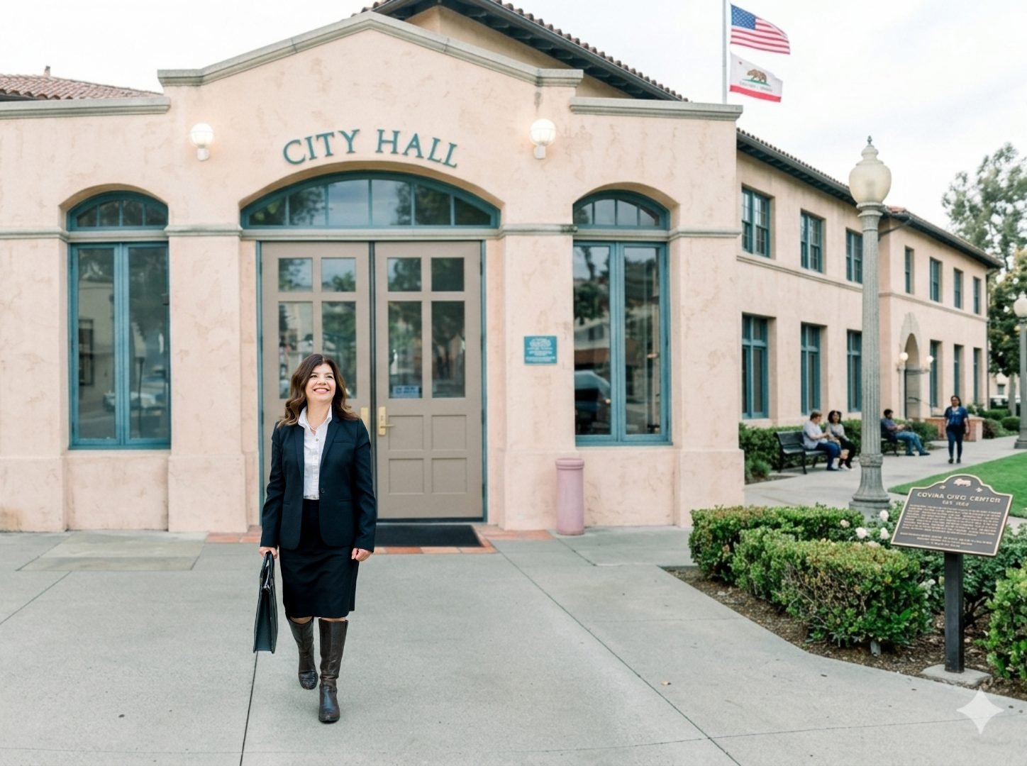 Environmental Law Lawyer Maria Mejia wearing a black suit and boots walking in front of a city hall building, smiling and carrying a black bag, with benches and people in the background.