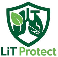 LiT Protect logo featuring a shield with a leaf, a bottle, and a glass inside, emphasizing environmental protection and safety.