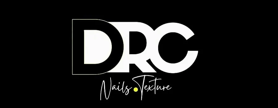 Logo for DRC Nails Texture with black background and white and yellow text.