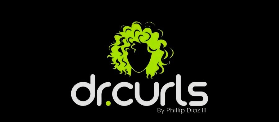 Logo for dr.curls with a silhouette of a woman with curly hair in green and white text