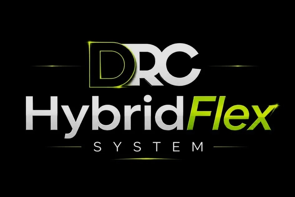 Logo for DRC Hybrid Flex System with black background, white and green text.