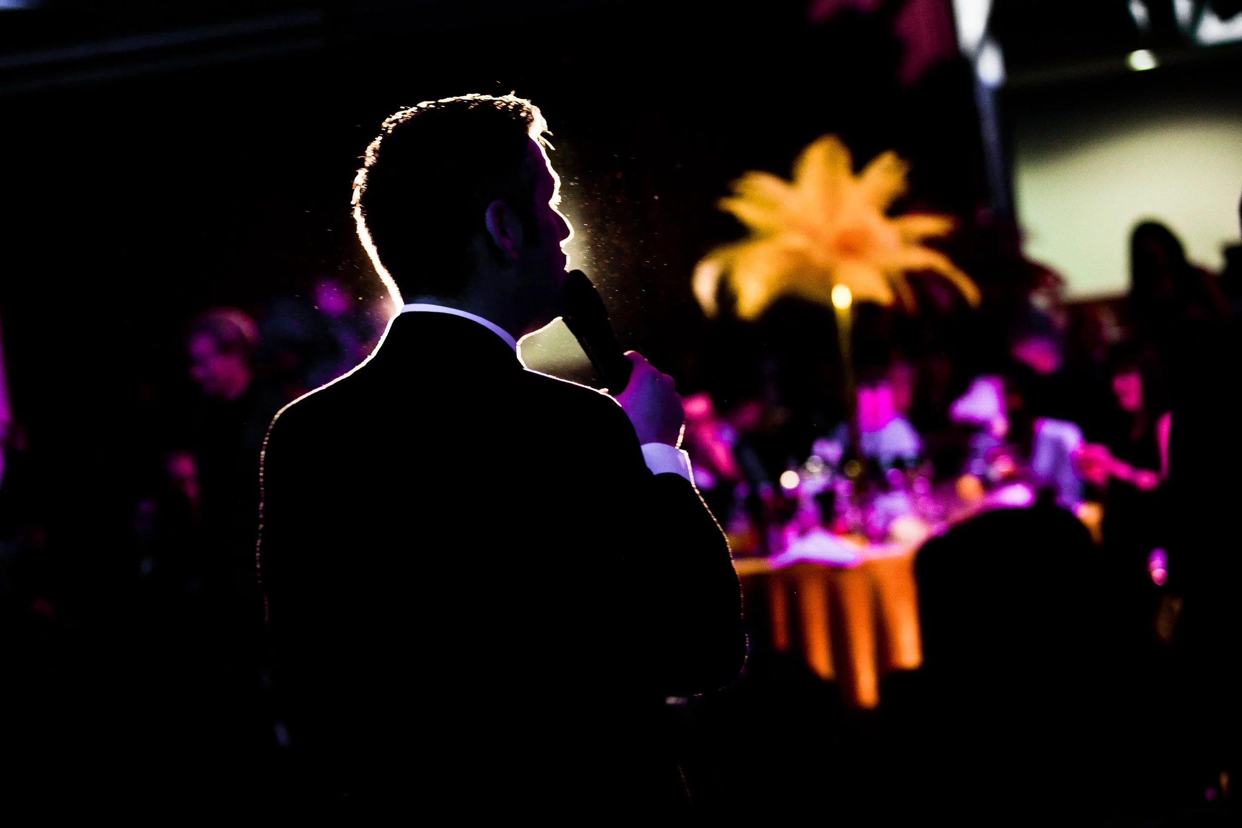 Guest speaker silhouetted on stage during a business awards ceremony