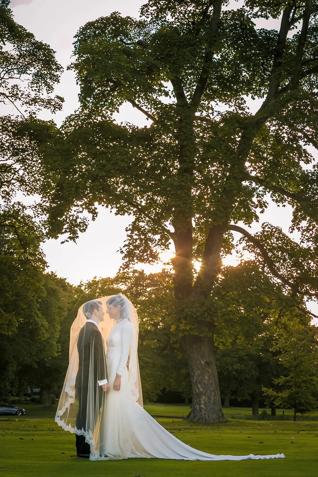 Couple portrait at golden hour under large oak tree, Fairmont Cheshire - The Mere
