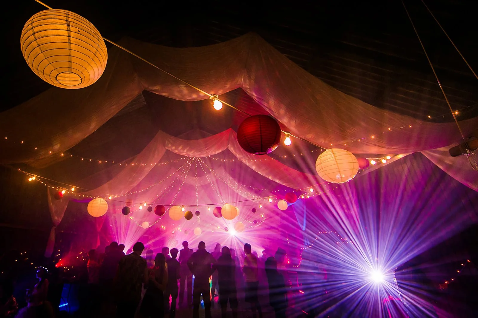 Evening reception party atmosphere wide angle photograph with cool lighting