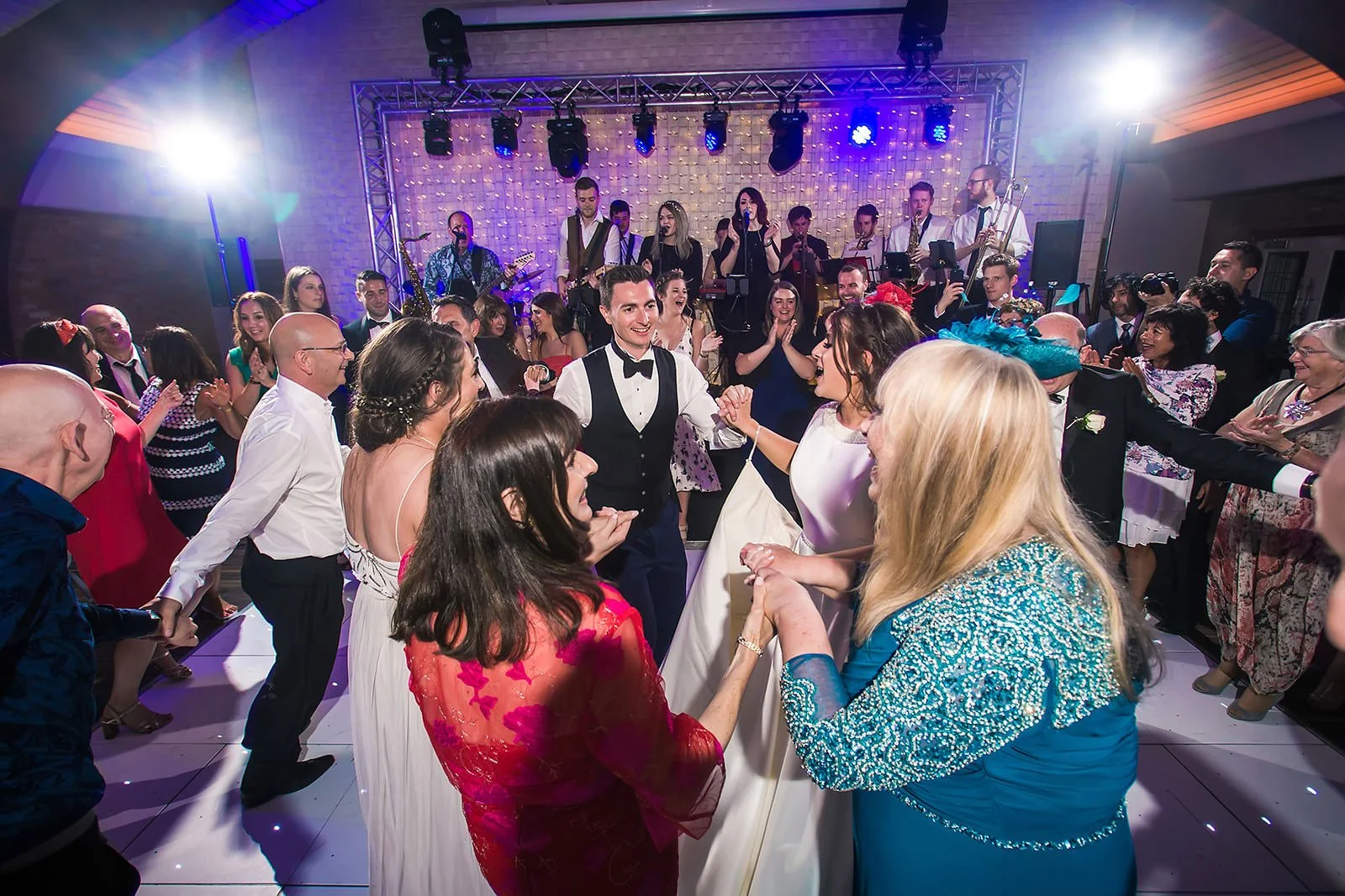 bride and groom on dance floor during reception party at colshaw hall wedding venue