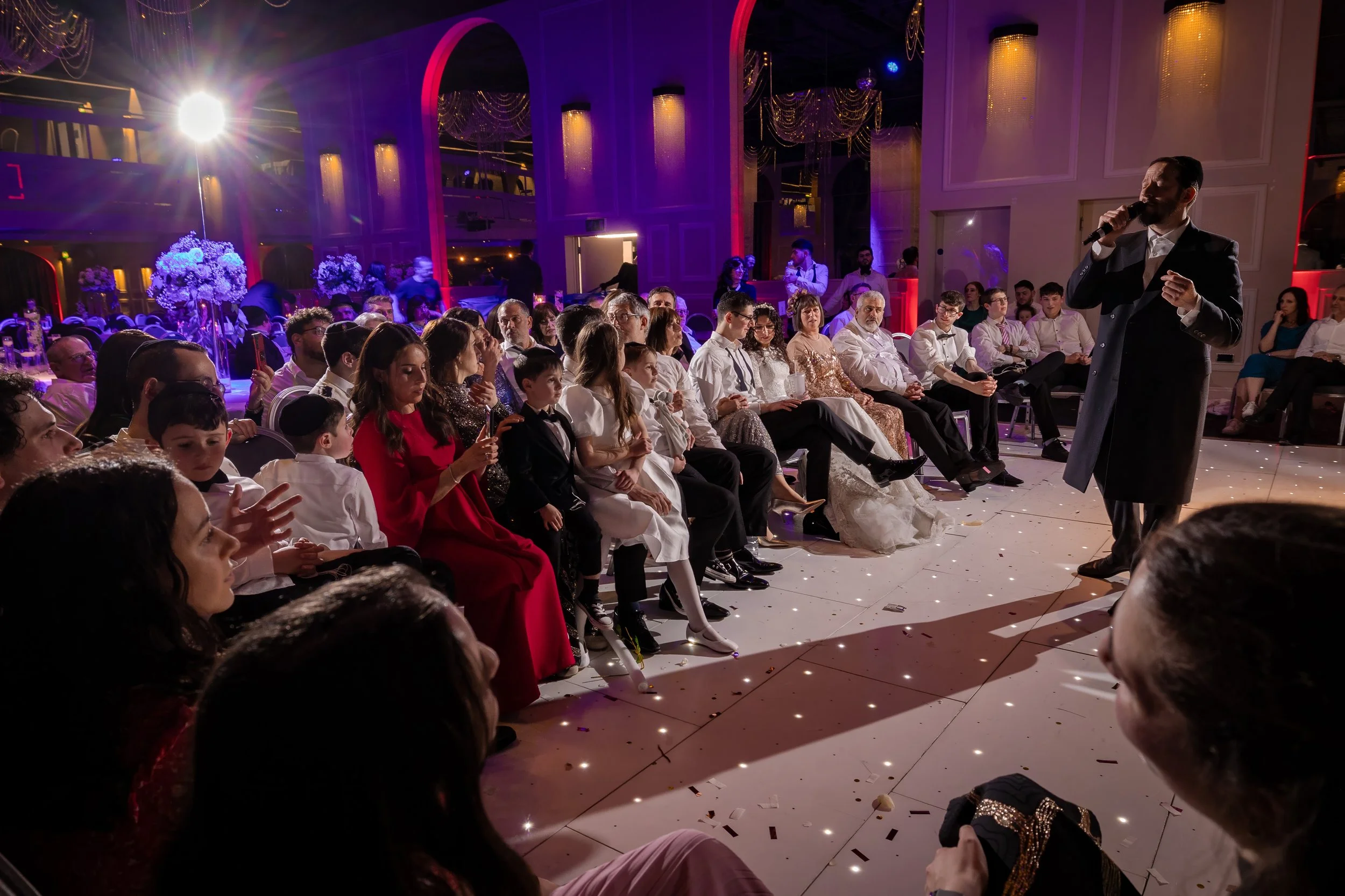 kallah bride and chosson groom during kumzits on dancefloor at charedi jewish wedding