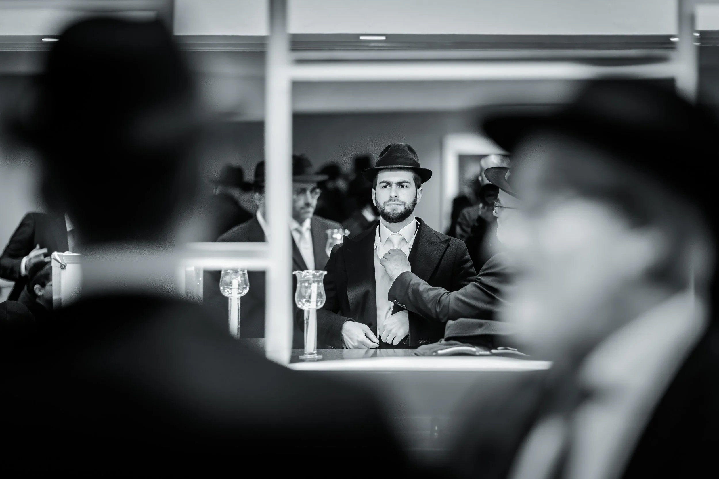 chosson groom during tish at charedi jewish wedding