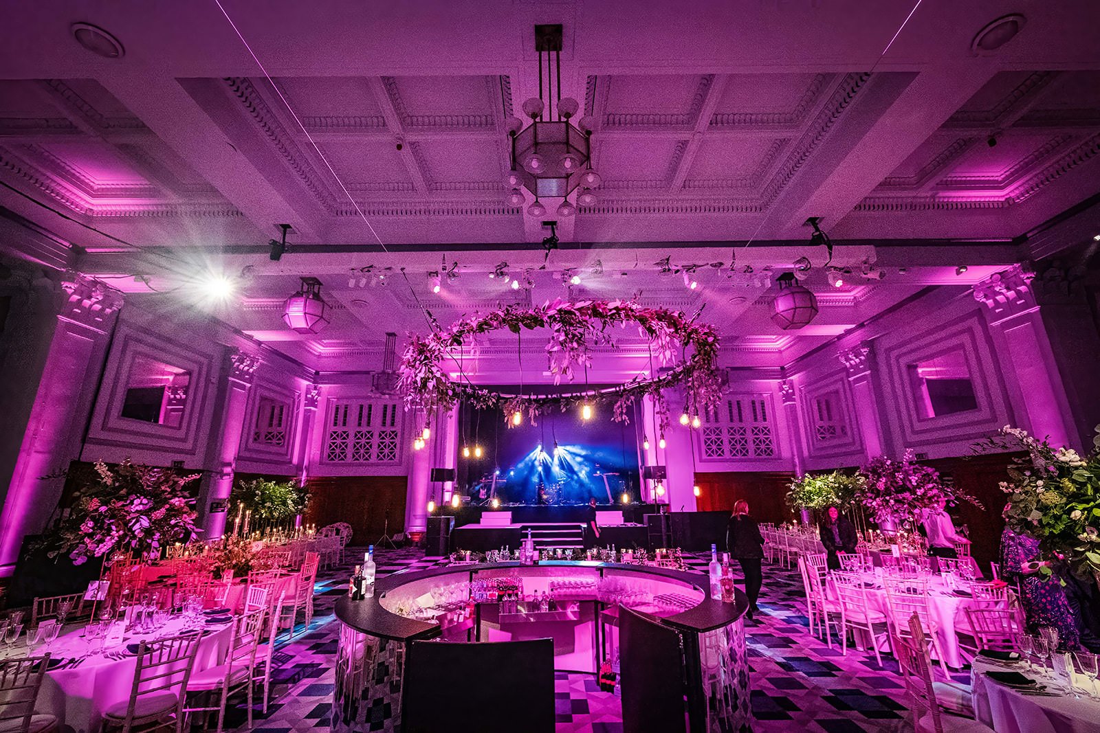 kimpton clocktower manchester reception dinner party ballroom set up with decor and lighting