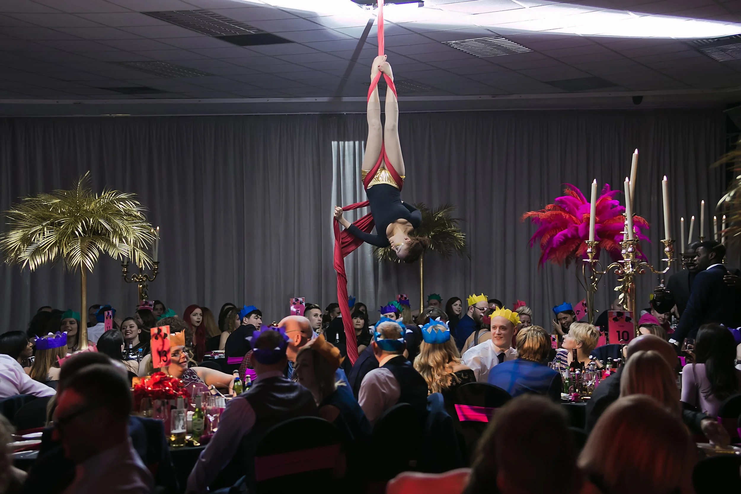 Aerial performer entertaining guests at a charity gala dinner