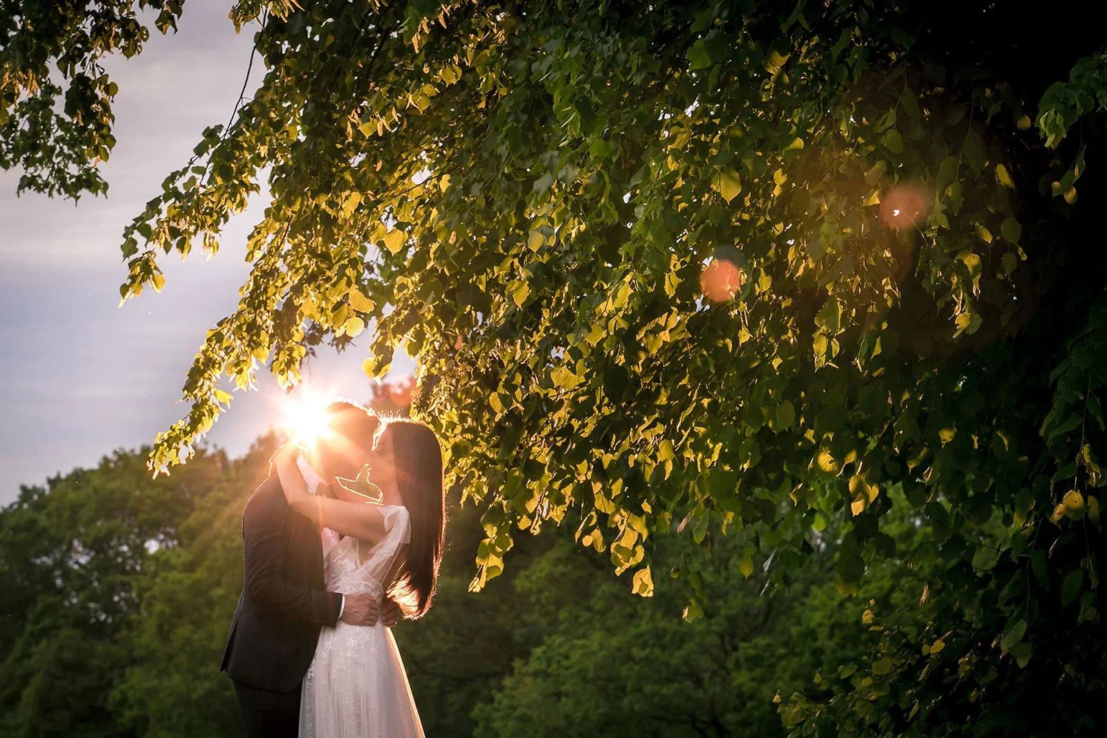 bride and groom kiss with sunset and flare and trees