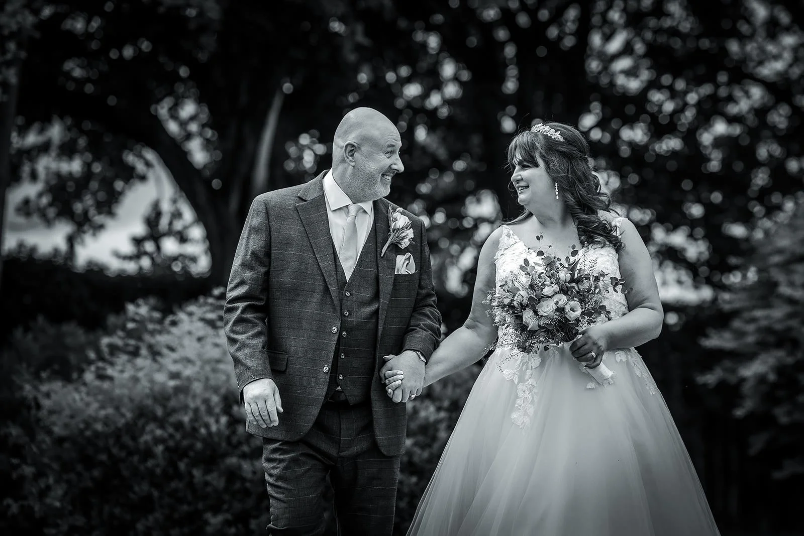 black and white newlywed bride and groom couple portrait at colshaw hall