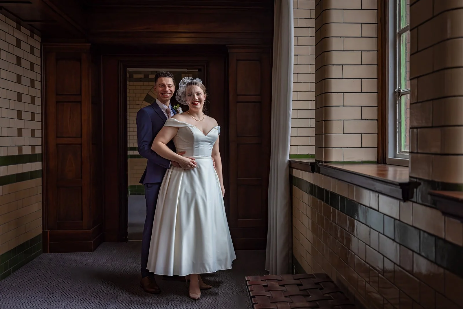bride and groom newlywed couple portrait at kimpton clocktower manchester