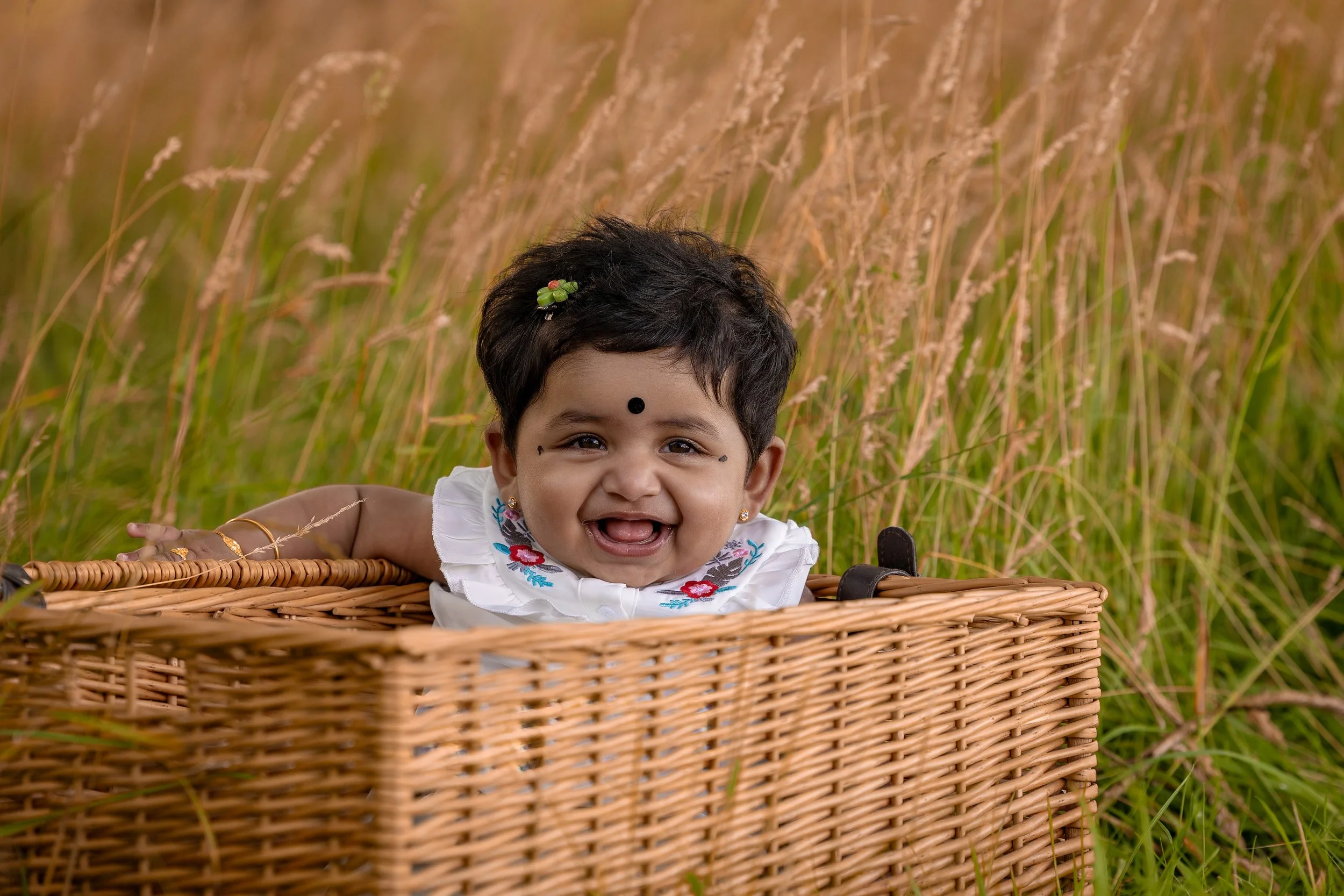 portrait smiling baby in woven basket in field in heaton park manchester