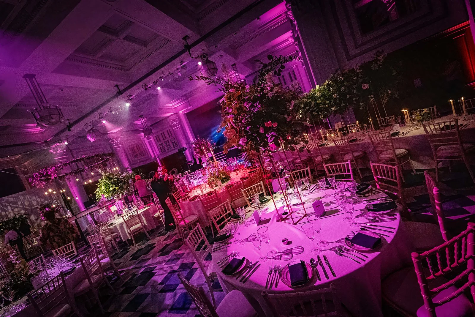 kimpton clocktower manchester reception dinner party ballroom set up with decor and lighting