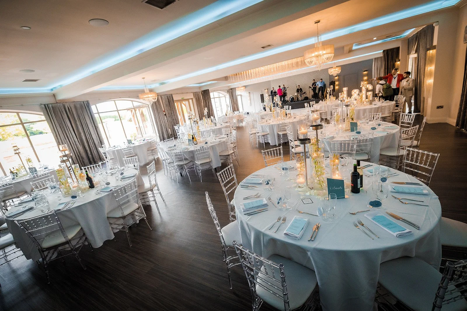 Merrydale Manor wedding reception hall with floral centrepieces – fine art wedding photographer North West