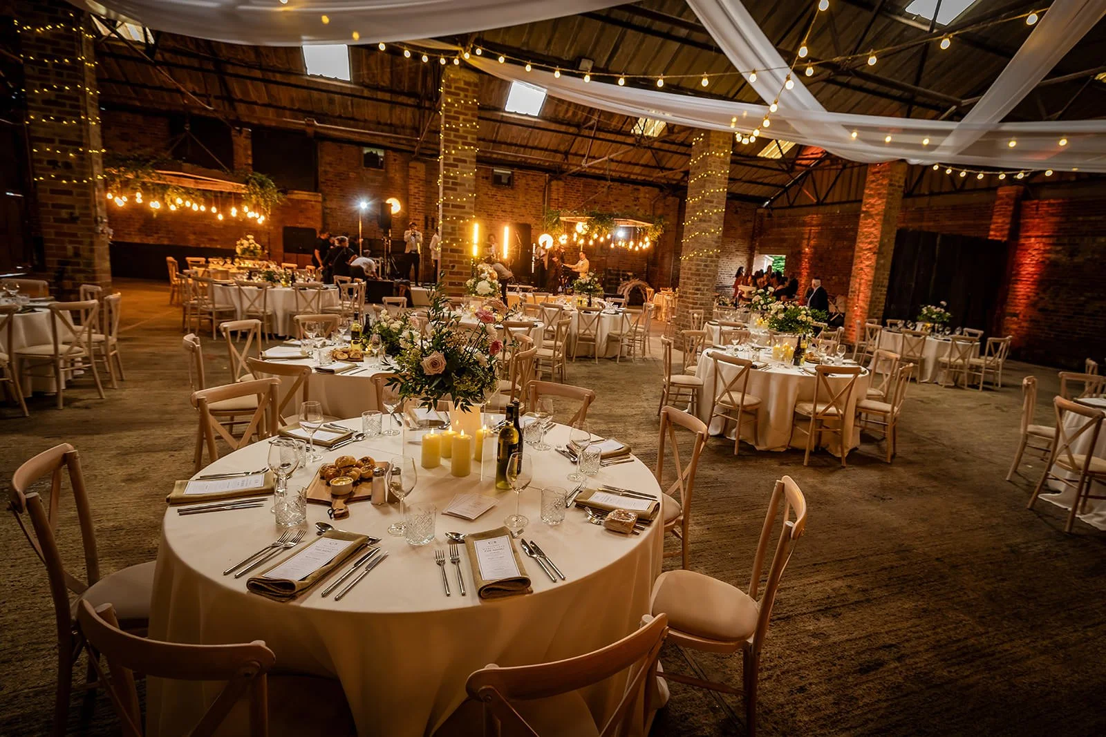 wedding reception dinner set up in wheelhouse at white syke fields in yorkshire