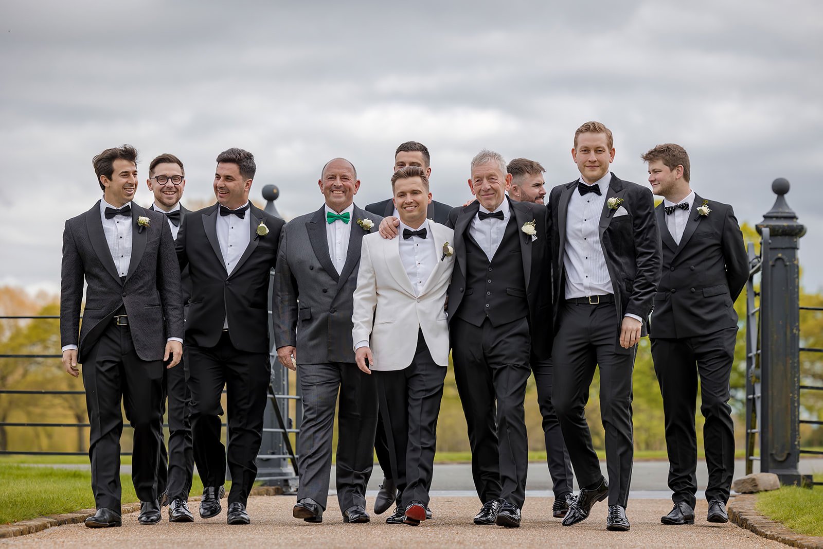 Merrydale Manor wedding groomsmen group portrait outdoor terrace – wedding photography Cheshire