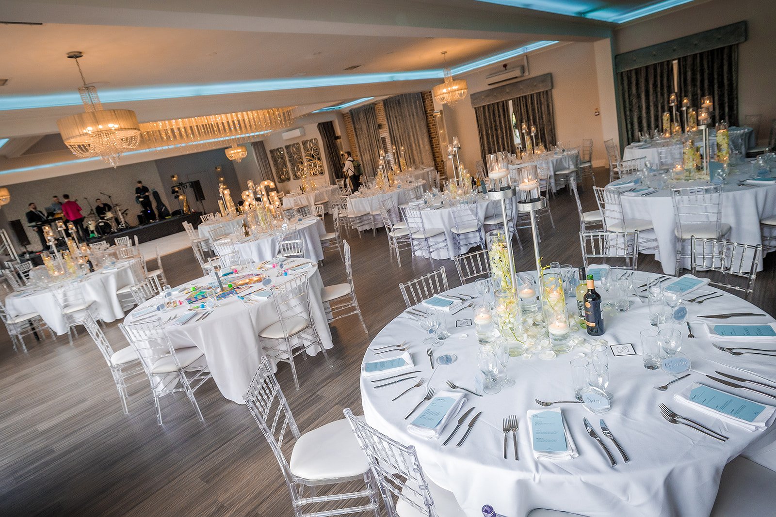 Merrydale Manor wedding reception tables set with glassware and silverware – documentary wedding photography Manchester